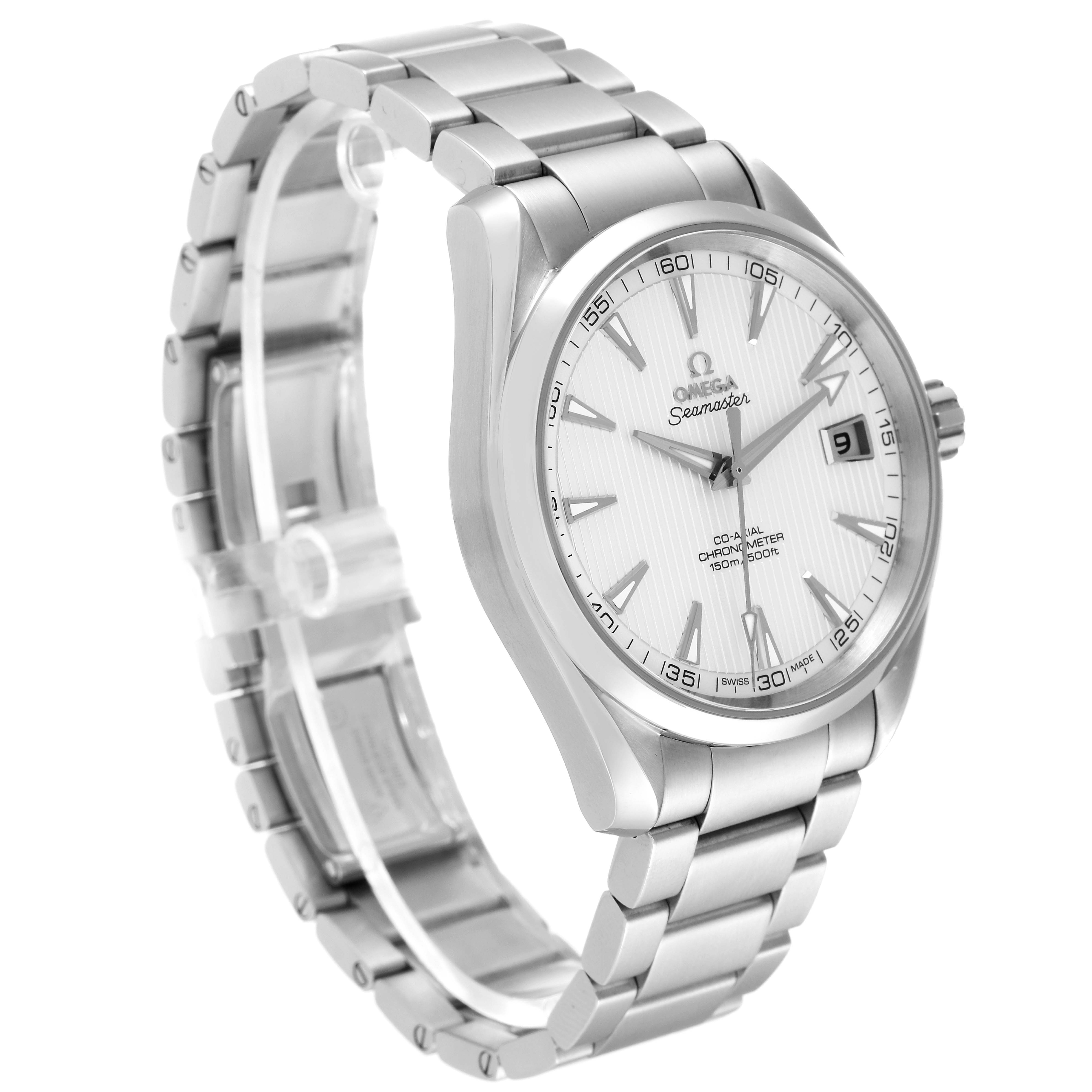The Omega Aqua Terra 231.10.42.21.02.001 Men's Stainless Steel Silver Dial 231.10.42.21.02.001 Men's Stainless Steel Silver Dial watch is shown at a three-quarter angle, displaying the face, bezel, and bracelet.
