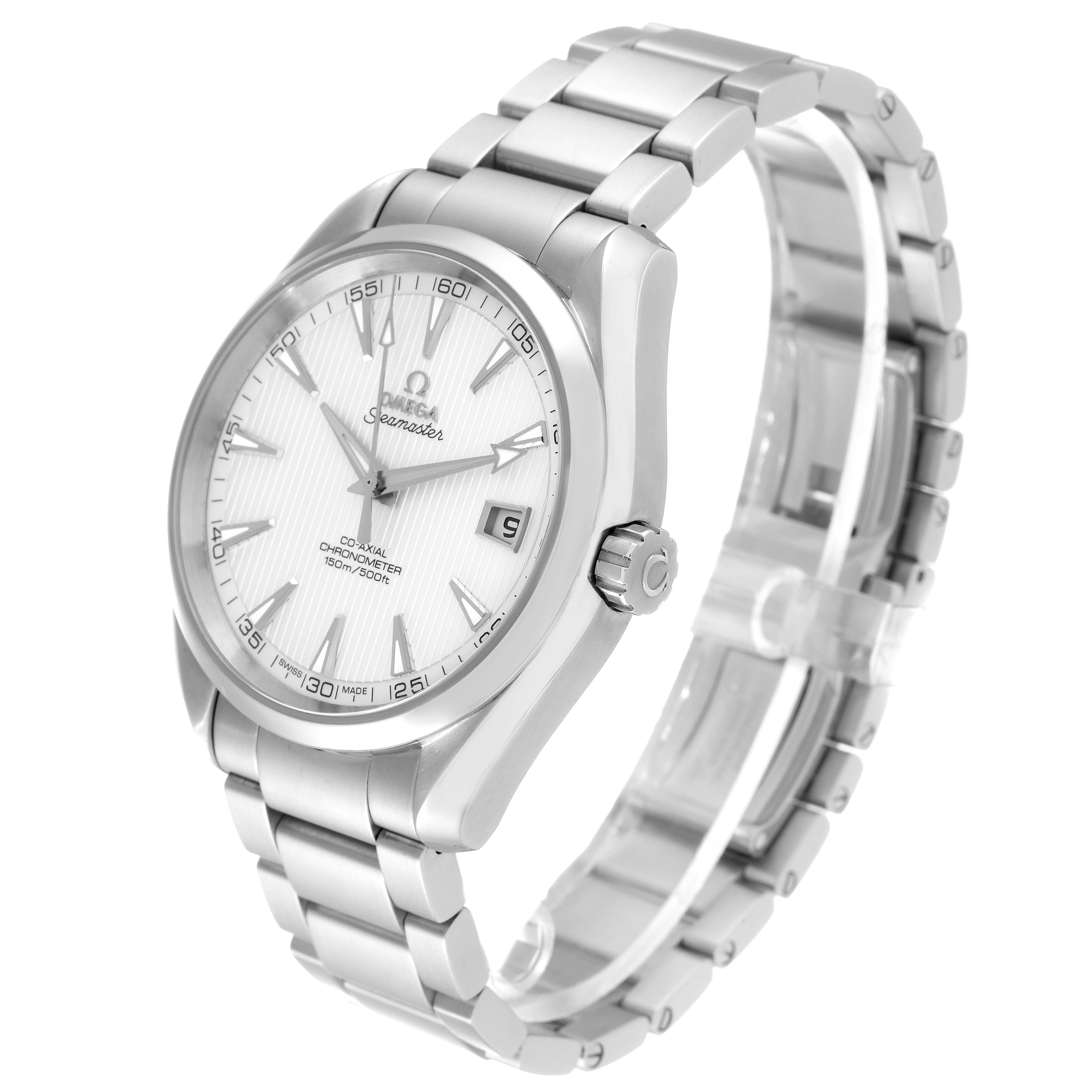 The image shows a side profile and face view of an Omega Aqua Terra 231.10.42.21.02.001 Men's Stainless Steel Silver Dial 231.10.42.21.02.001 Men's Stainless Steel Silver Dial watch, including the dial, bezel, case, and bracelet.