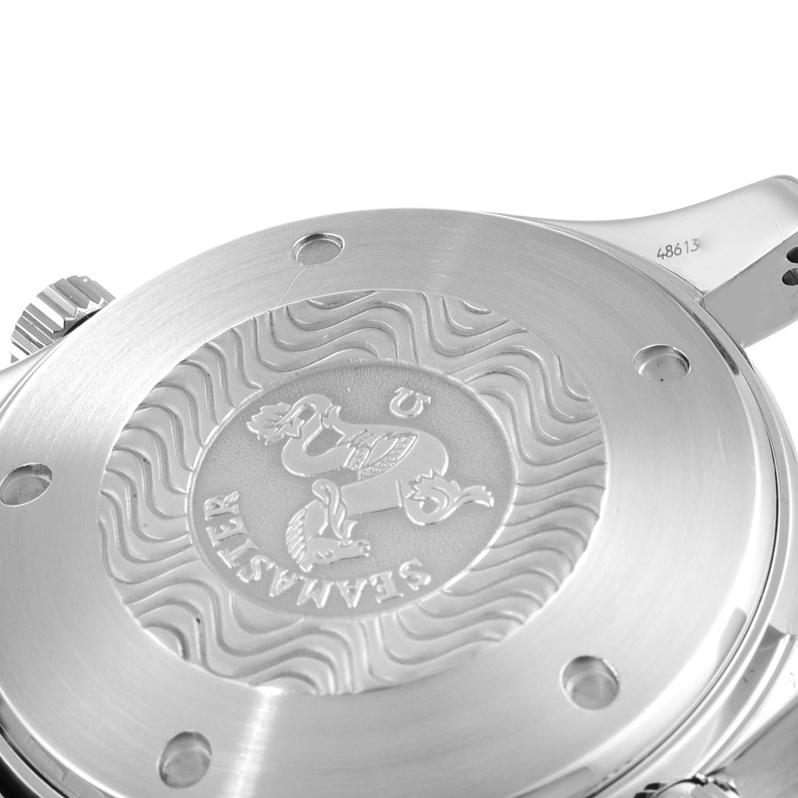 The image shows the engraved case back of an Omega Seamaster 2598.80.00 Men's Stainless Steel Blue Dial 2598.80.00 Men's Stainless Steel Blue Dial watch at a slight angle.