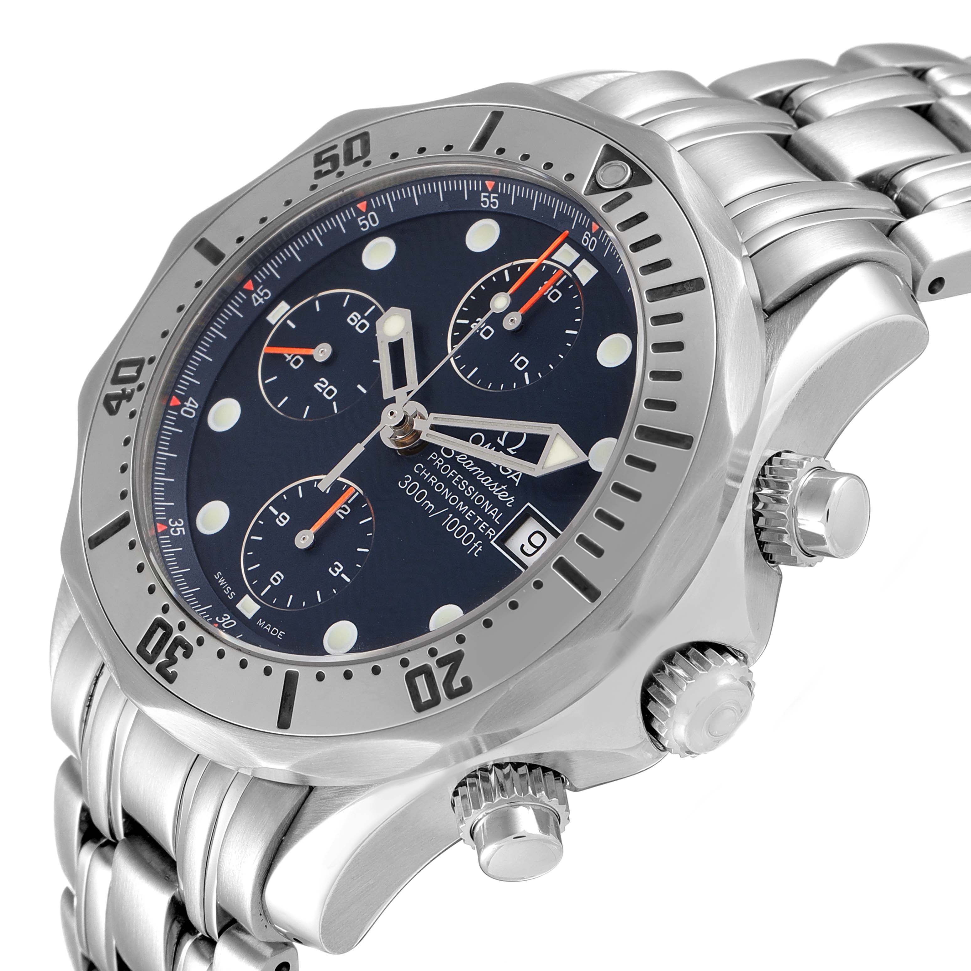 The image shows an angled close-up of an Omega Seamaster 2598.80.00 Men's Stainless Steel Blue Dial 2598.80.00 Men's Stainless Steel Blue Dial watch, highlighting the bezel, crown, dial, and part of the bracelet.