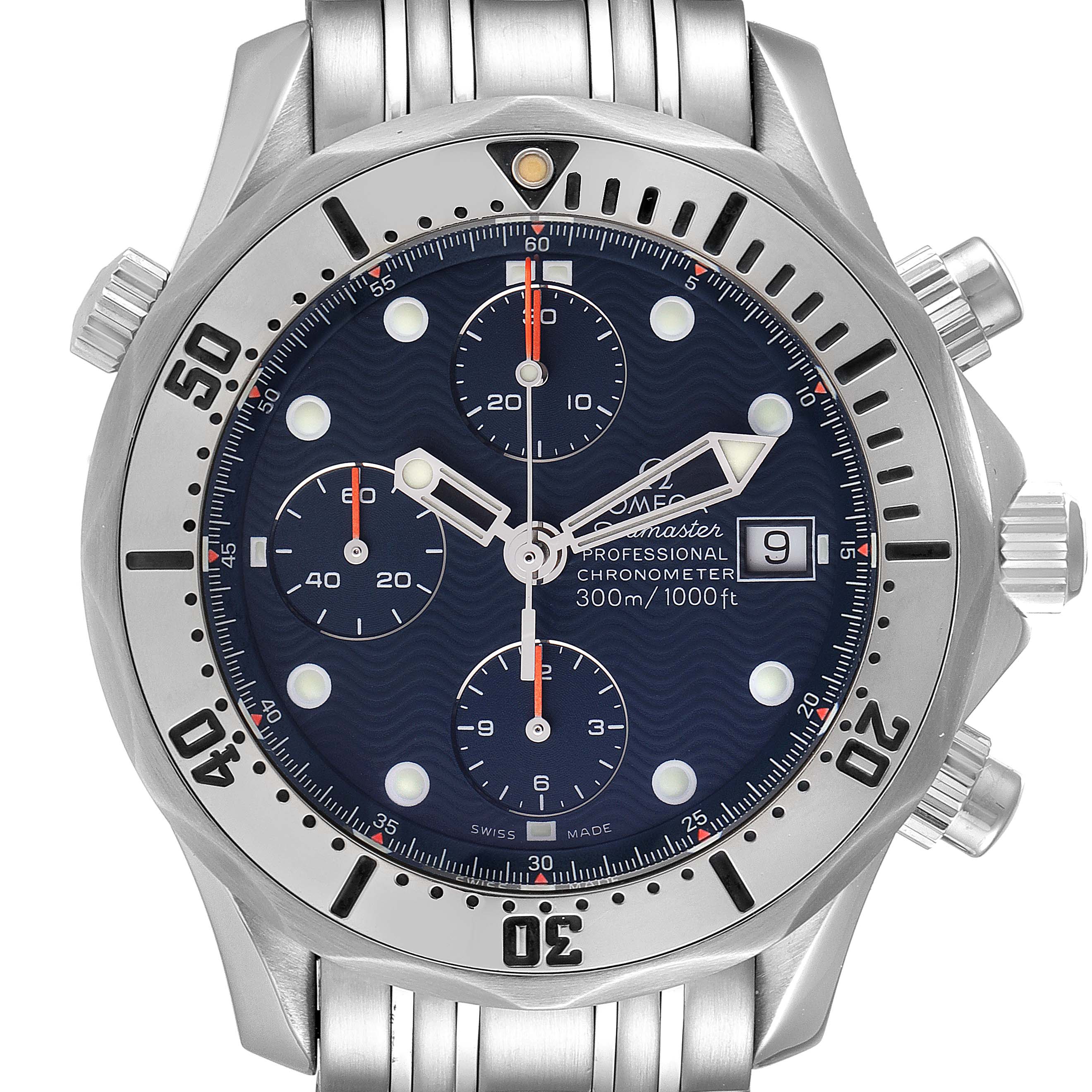 This Omega Seamaster 2598.80.00 Men's Stainless Steel Blue Dial 2598.80.00 Men's Stainless Steel Blue Dial watch is shown from the front, highlighting its blue dial, chronograph subdials, date window, and stainless steel bracelet.
