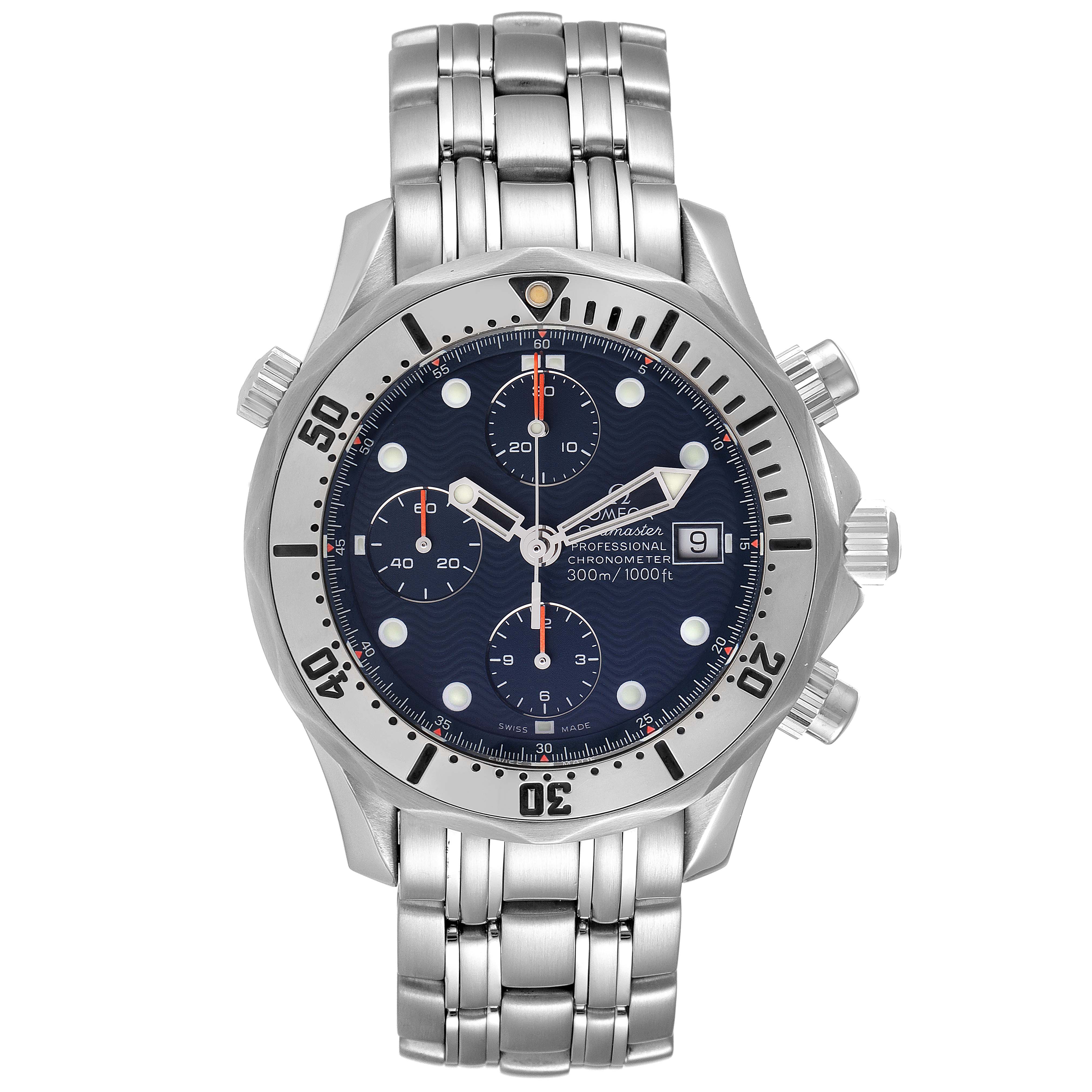 The image shows a front view of the Omega Seamaster 2598.80.00 Men's Stainless Steel Blue Dial 2598.80.00 Men's Stainless Steel Blue Dial watch, displaying its face, bezel, and stainless steel bracelet.