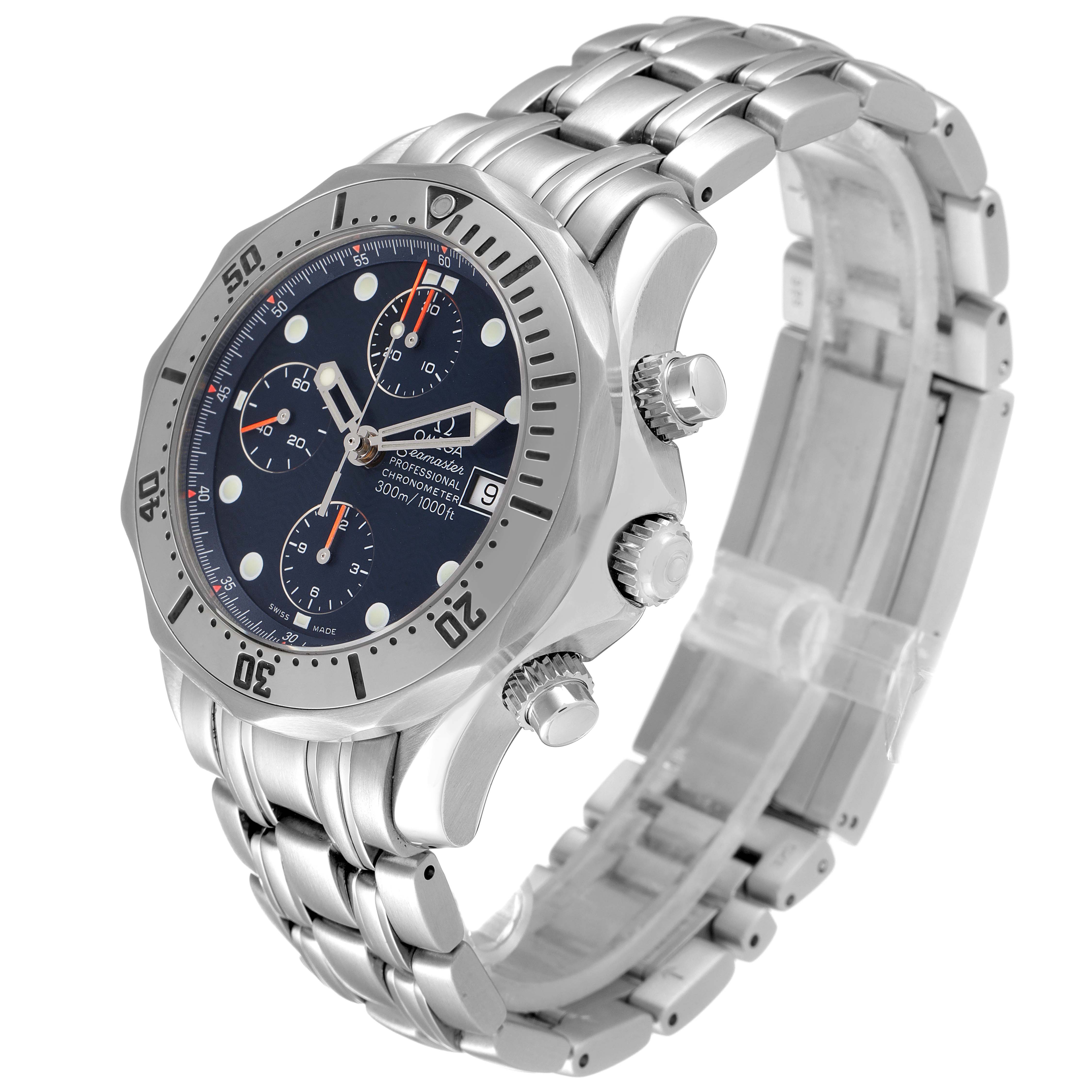 The Omega Seamaster 2598.80.00 Men's Stainless Steel Blue Dial 2598.80.00 Men's Stainless Steel Blue Dial watch is shown at a three-quarter angle, highlighting the bezel, dial, crown, and bracelet.