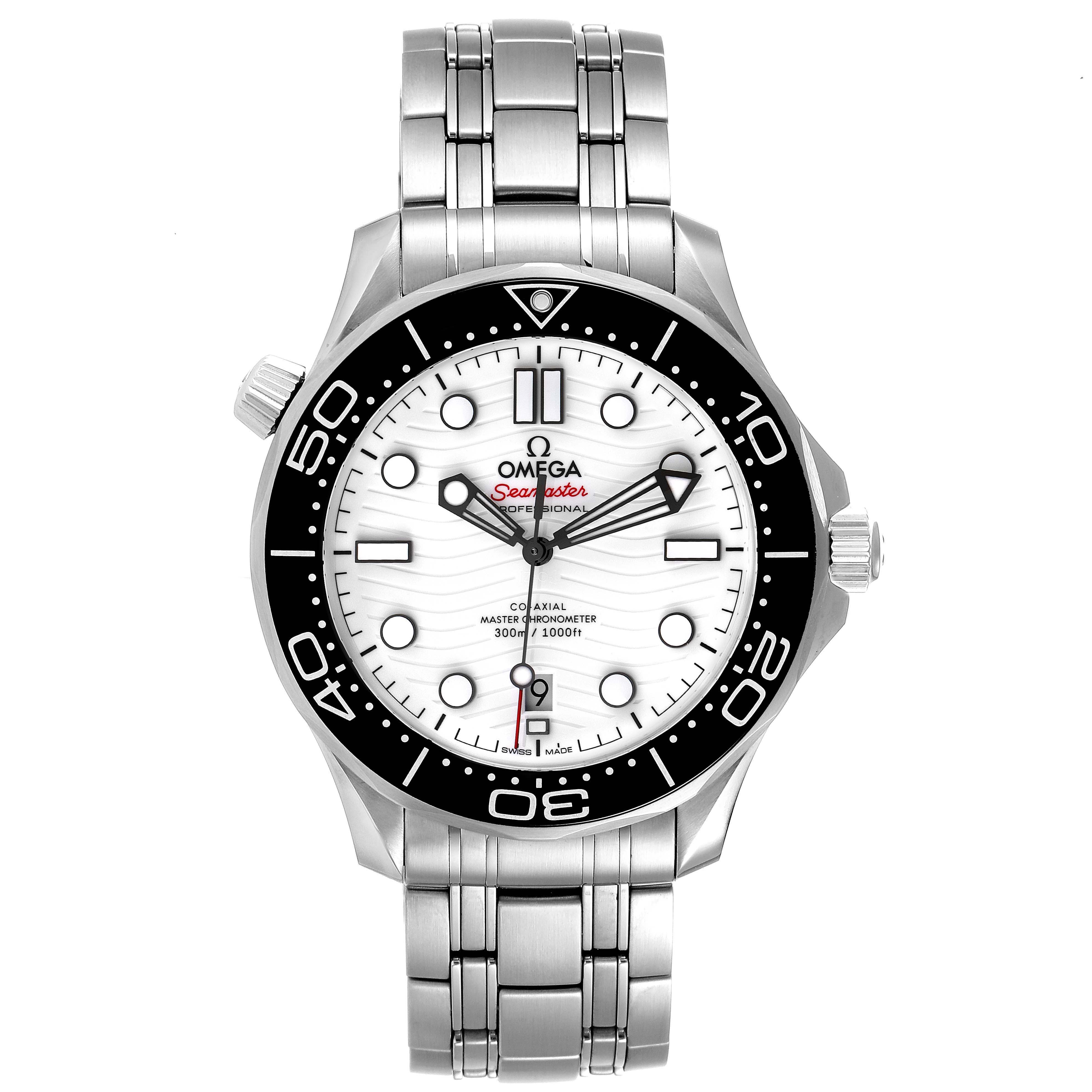 The image shows a front view of the Omega Seamaster 210.30.42.20.04.001 Men's Stainless Steel White Dial 210.30.42.20.04.001 Men's Stainless Steel White Dial watch, displaying the dial, bezel, and stainless steel bracelet.