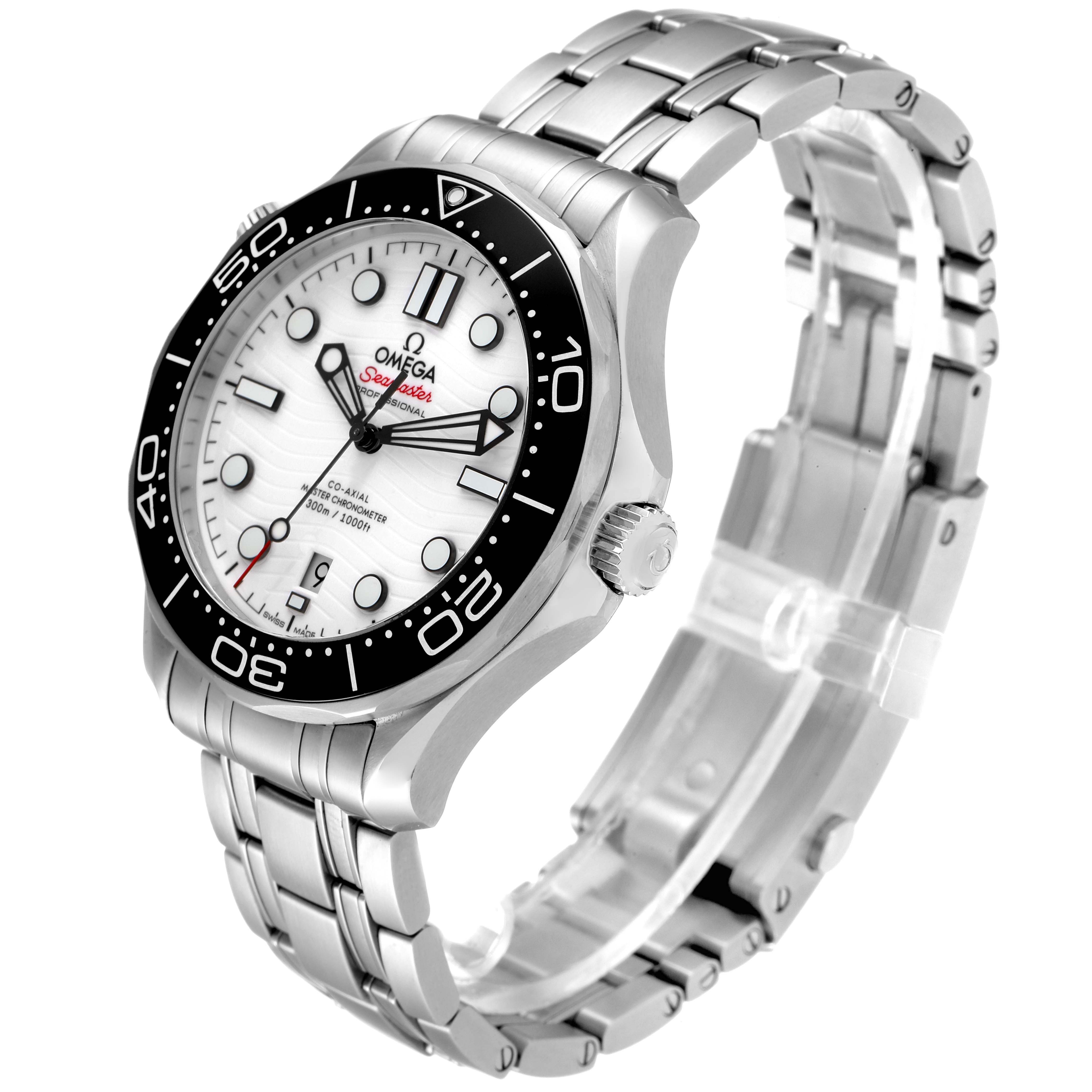 The Omega Seamaster 210.30.42.20.04.001 Men's Stainless Steel White Dial 210.30.42.20.04.001 Men's Stainless Steel White Dial watch is shown at a three-quarter angle, highlighting its face, bezel, crown, and bracelet.
