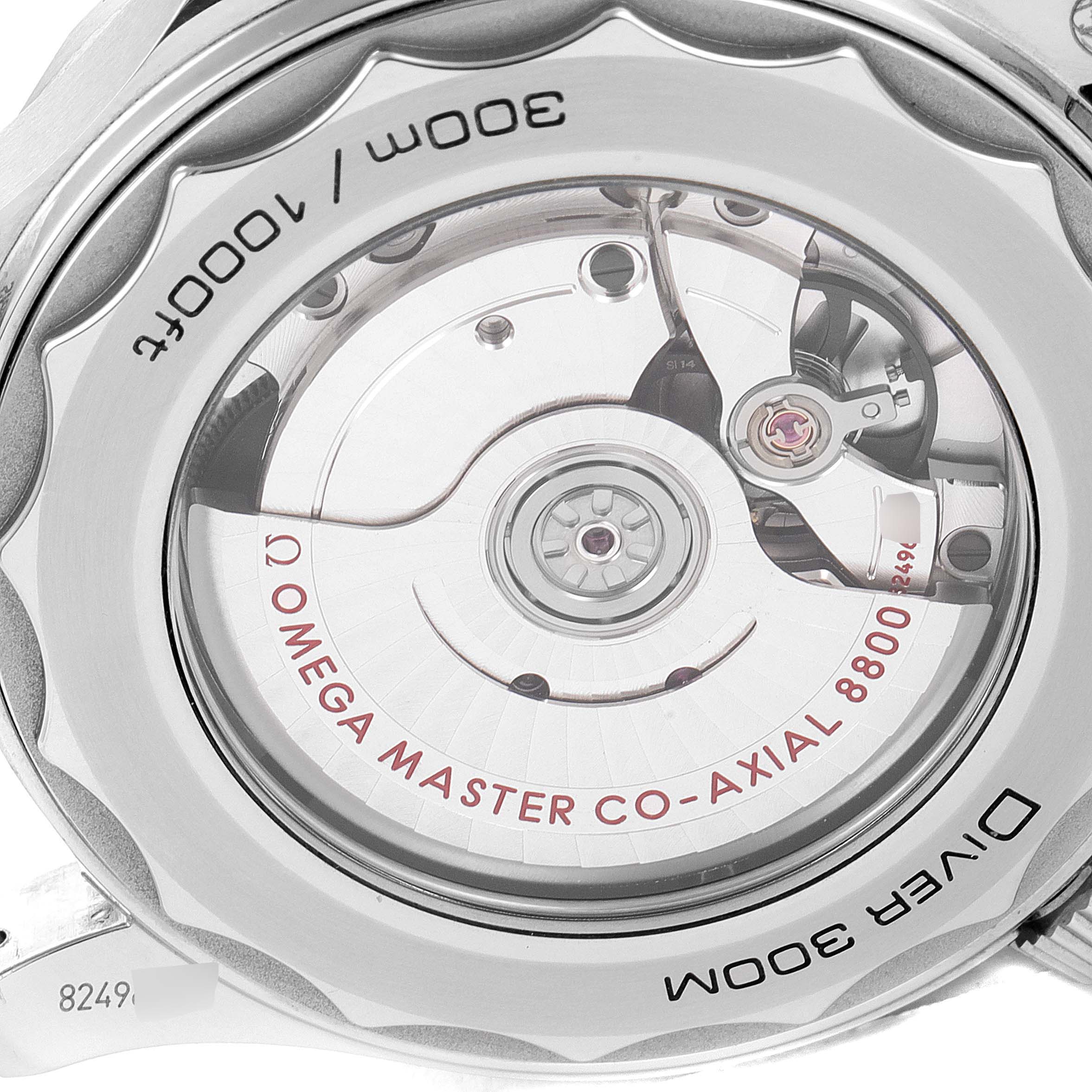 The image shows the back of the Omega Seamaster 210.30.42.20.04.001 Men's Stainless Steel White Dial 210.30.42.20.04.001 Men's Stainless Steel White Dial watch, displaying its Omega Master Co-Axial 8800 movement.