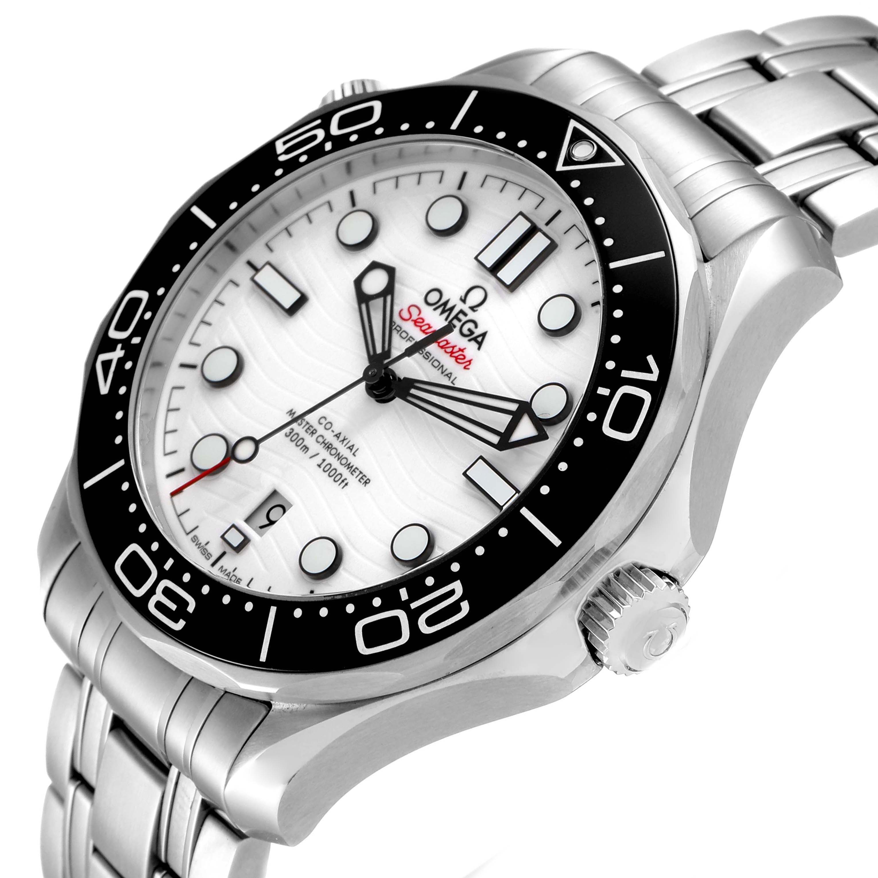The Omega Seamaster 210.30.42.20.04.001 Men's Stainless Steel White Dial 210.30.42.20.04.001 Men's Stainless Steel White Dial watch is shown at a three-quarter angle, highlighting its white dial, black bezel, and stainless steel bracelet.
