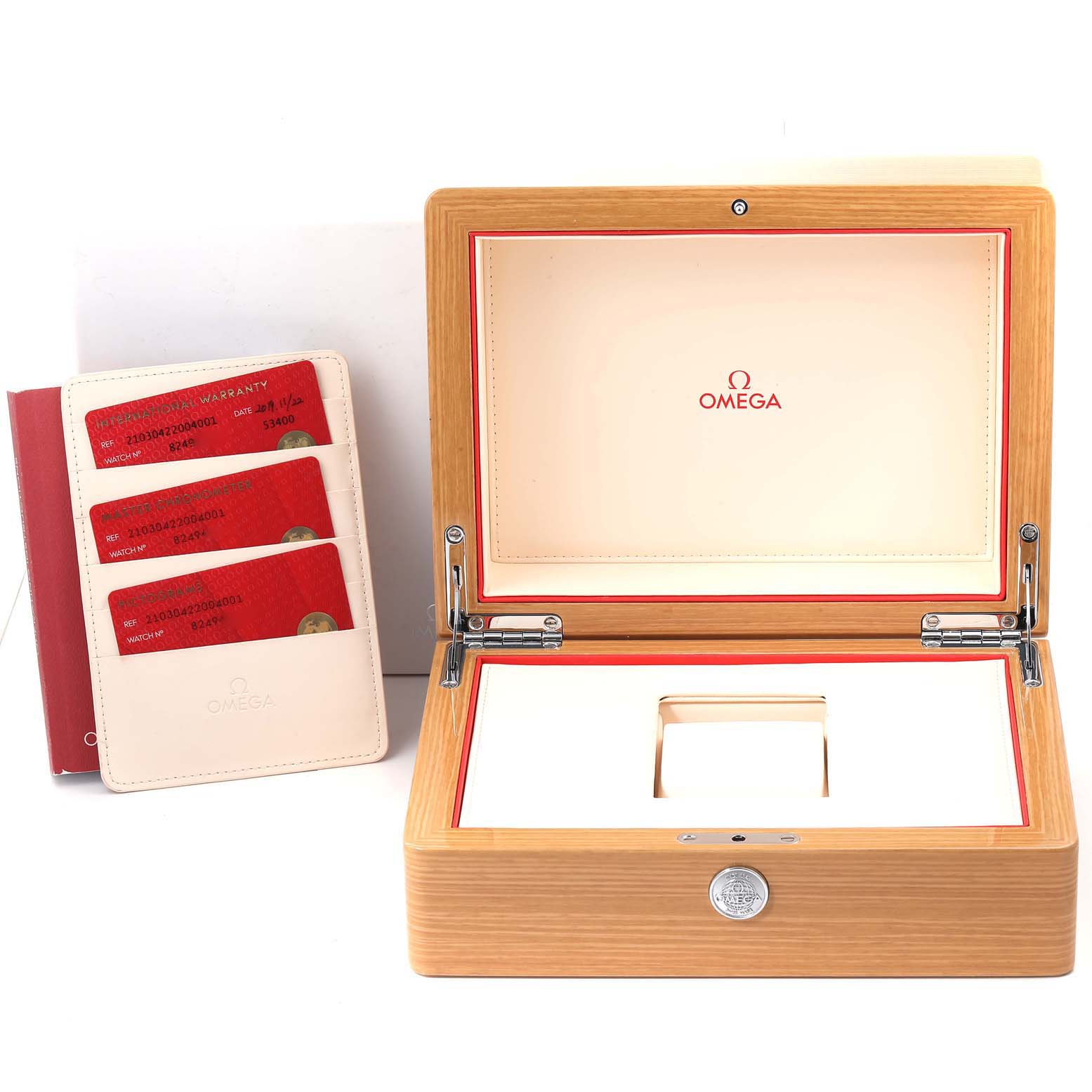 The image shows an open wooden box and warranty cards for the Omega Seamaster 210.30.42.20.04.001 Men's Stainless Steel White Dial 210.30.42.20.04.001 Men's Stainless Steel White Dial watch model.