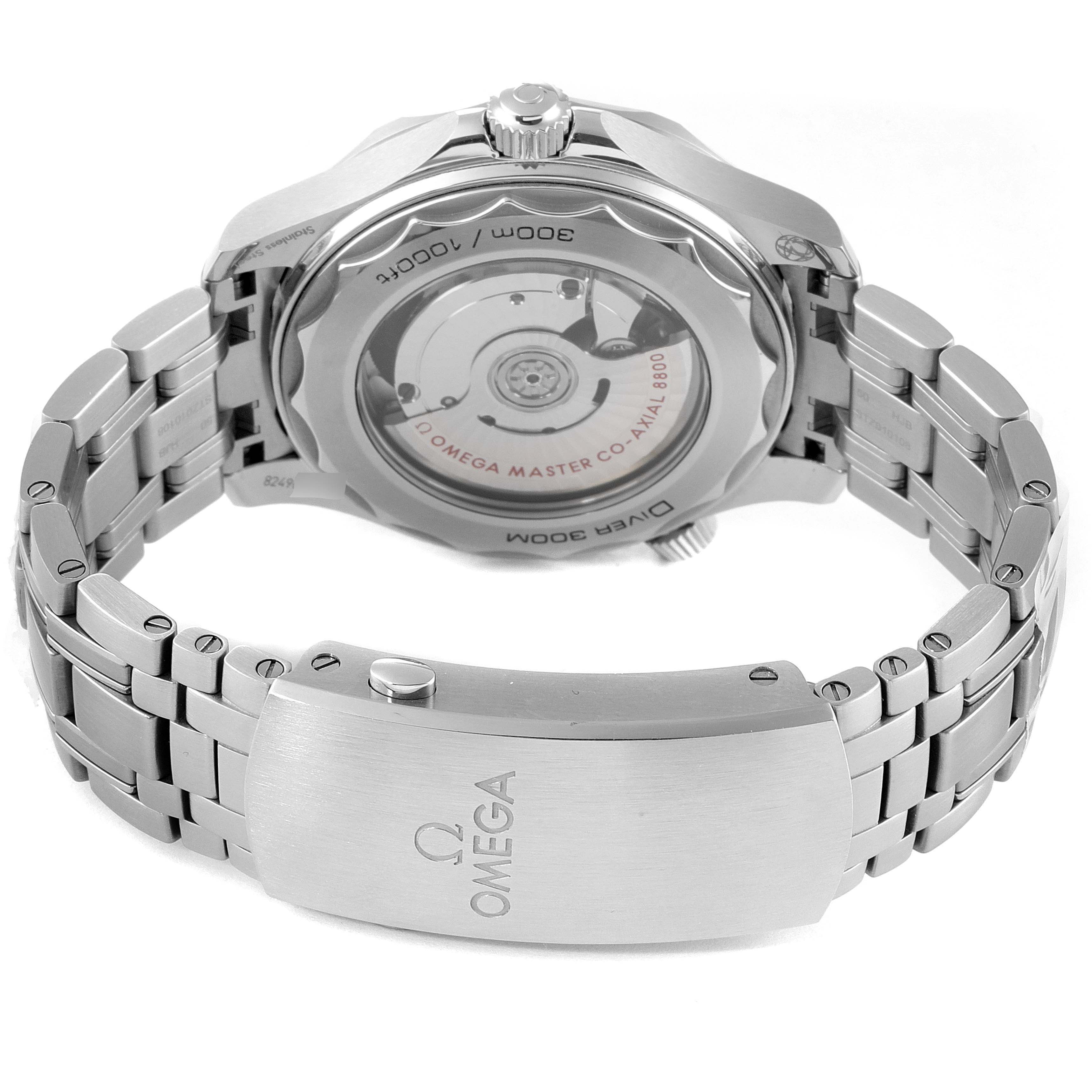 The image shows the back view of an Omega Seamaster 210.30.42.20.04.001 Men's Stainless Steel White Dial 210.30.42.20.04.001 Men's Stainless Steel White Dial watch, featuring the case back, clasp, and part of the bracelet.