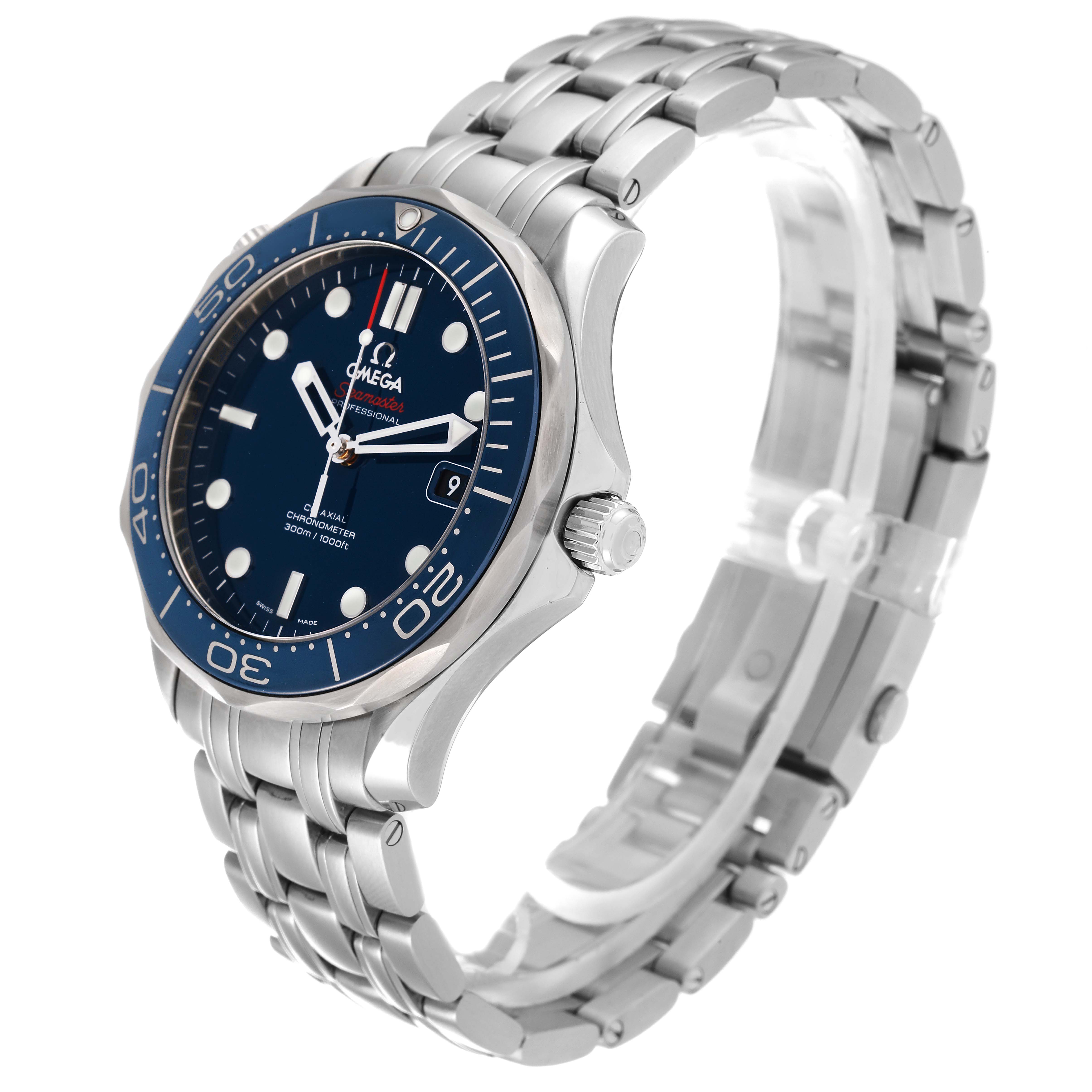 The Omega Seamaster 212.30.41.20.03.001 Men's Stainless Steel Blue Dial 212.30.41.20.03.001 Men's Stainless Steel Blue Dial watch is shown at an oblique angle, displaying its face, bezel, crown, and stainless steel bracelet.