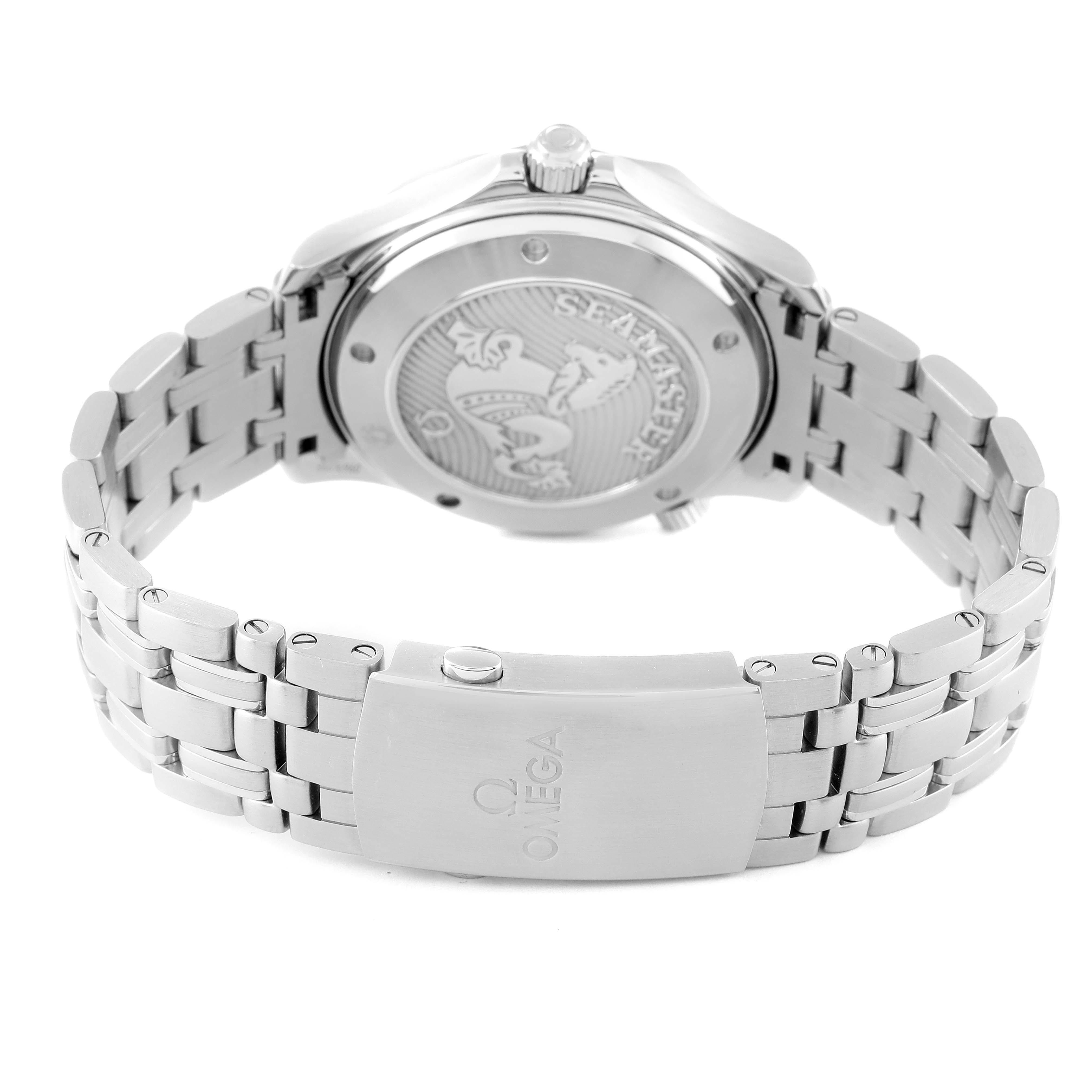 The image shows the backside and clasp of an Omega Seamaster 212.30.41.20.03.001 Men's Stainless Steel Blue Dial 212.30.41.20.03.001 Men's Stainless Steel Blue Dial watch, displaying the case back and bracelet.