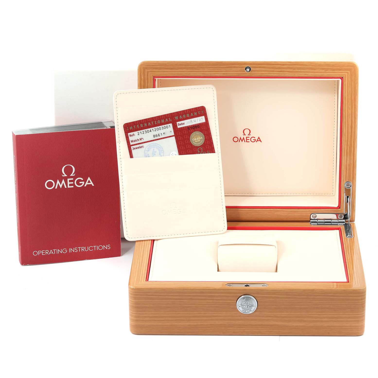 The image shows the Omega Seamaster 212.30.41.20.03.001 Men's Stainless Steel Blue Dial 212.30.41.20.03.001 Men's Stainless Steel Blue Dial watch box, operating instructions, and warranty cards.