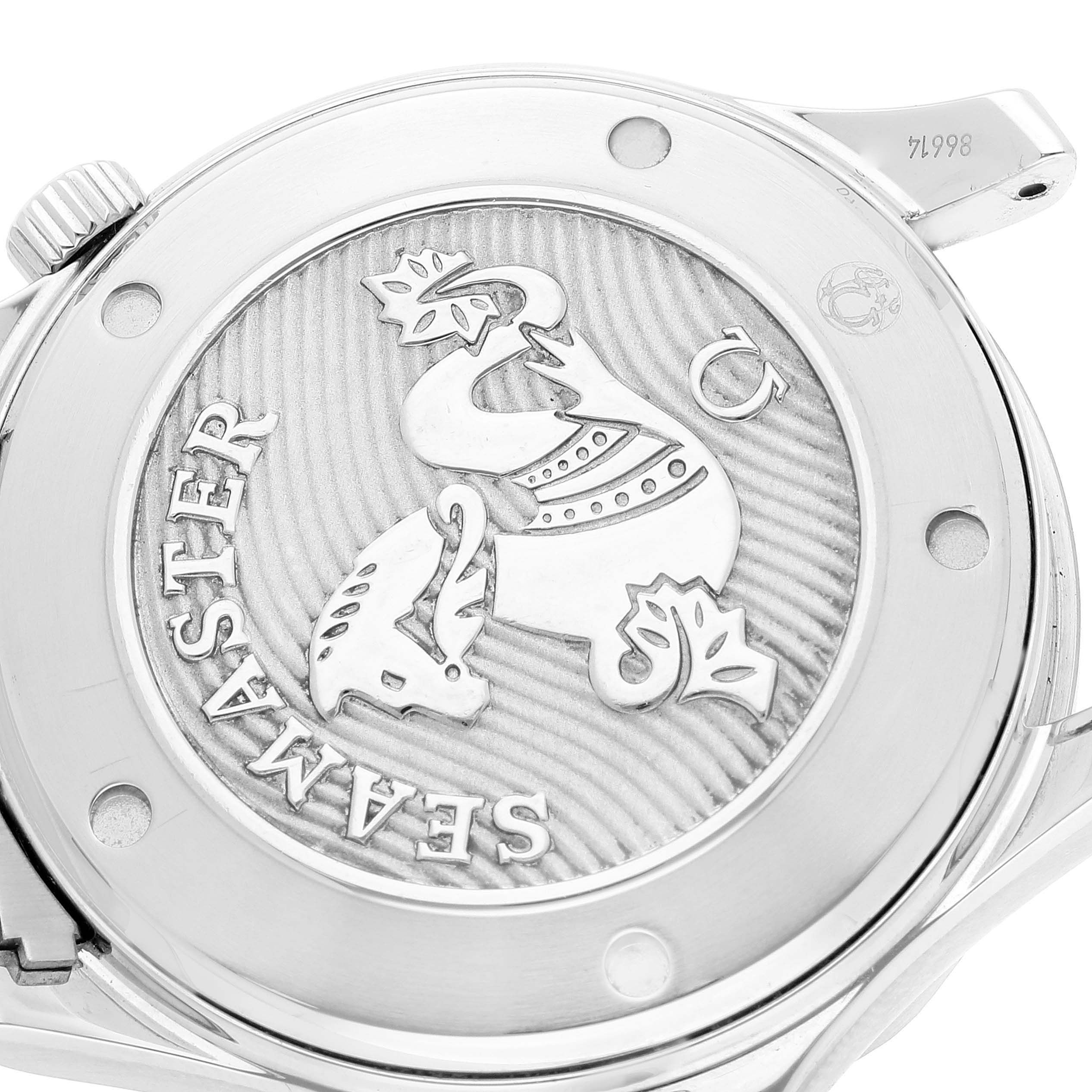 The image shows the case back of an Omega Seamaster 212.30.41.20.03.001 Men's Stainless Steel Blue Dial 212.30.41.20.03.001 Men's Stainless Steel Blue Dial watch, featuring the engraved Seamaster logo.