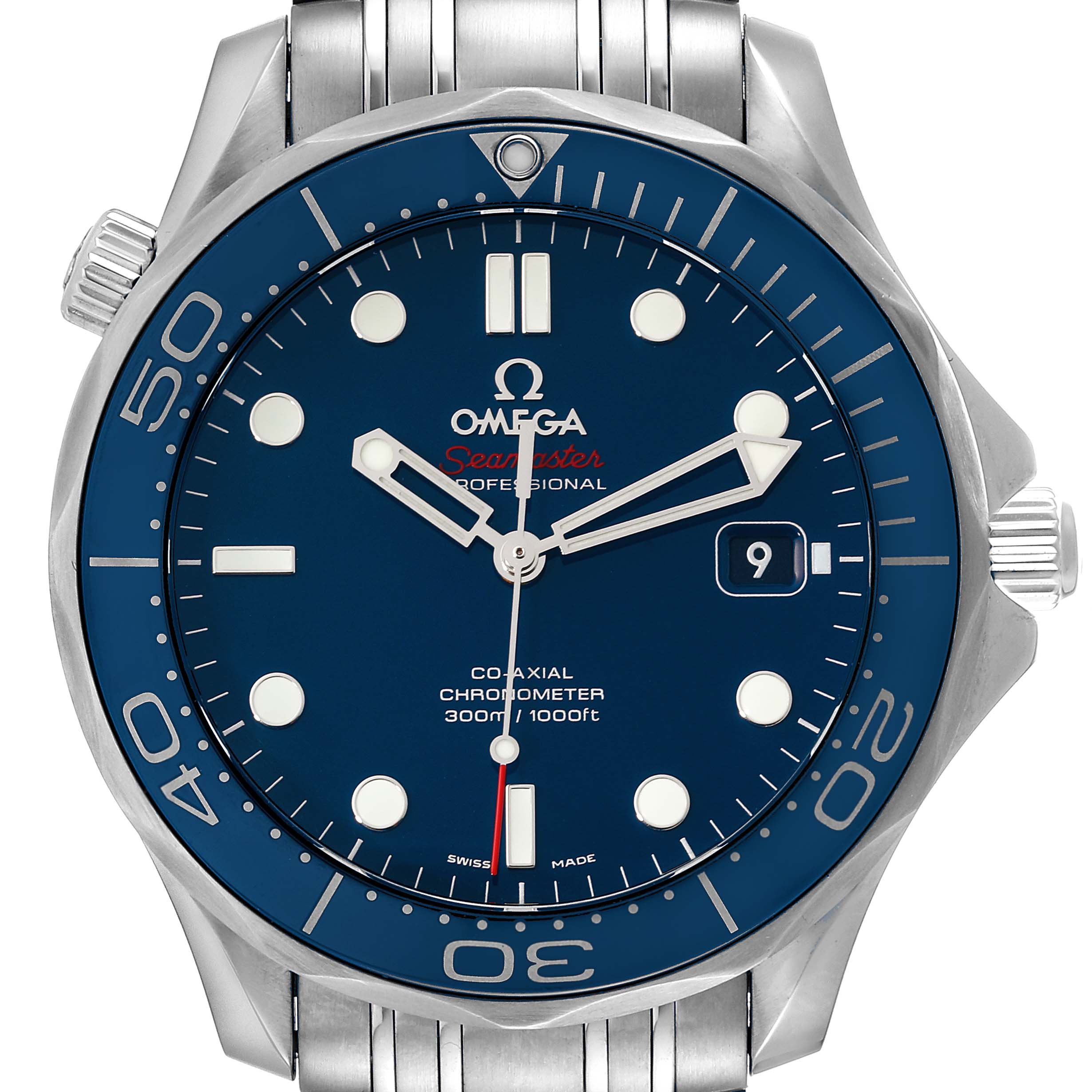 This is a front view of an Omega Seamaster 212.30.41.20.03.001 Men's Stainless Steel Blue Dial 212.30.41.20.03.001 Men's Stainless Steel Blue Dial watch showing the dial, bezel, hands, date display, and part of the bracelet.