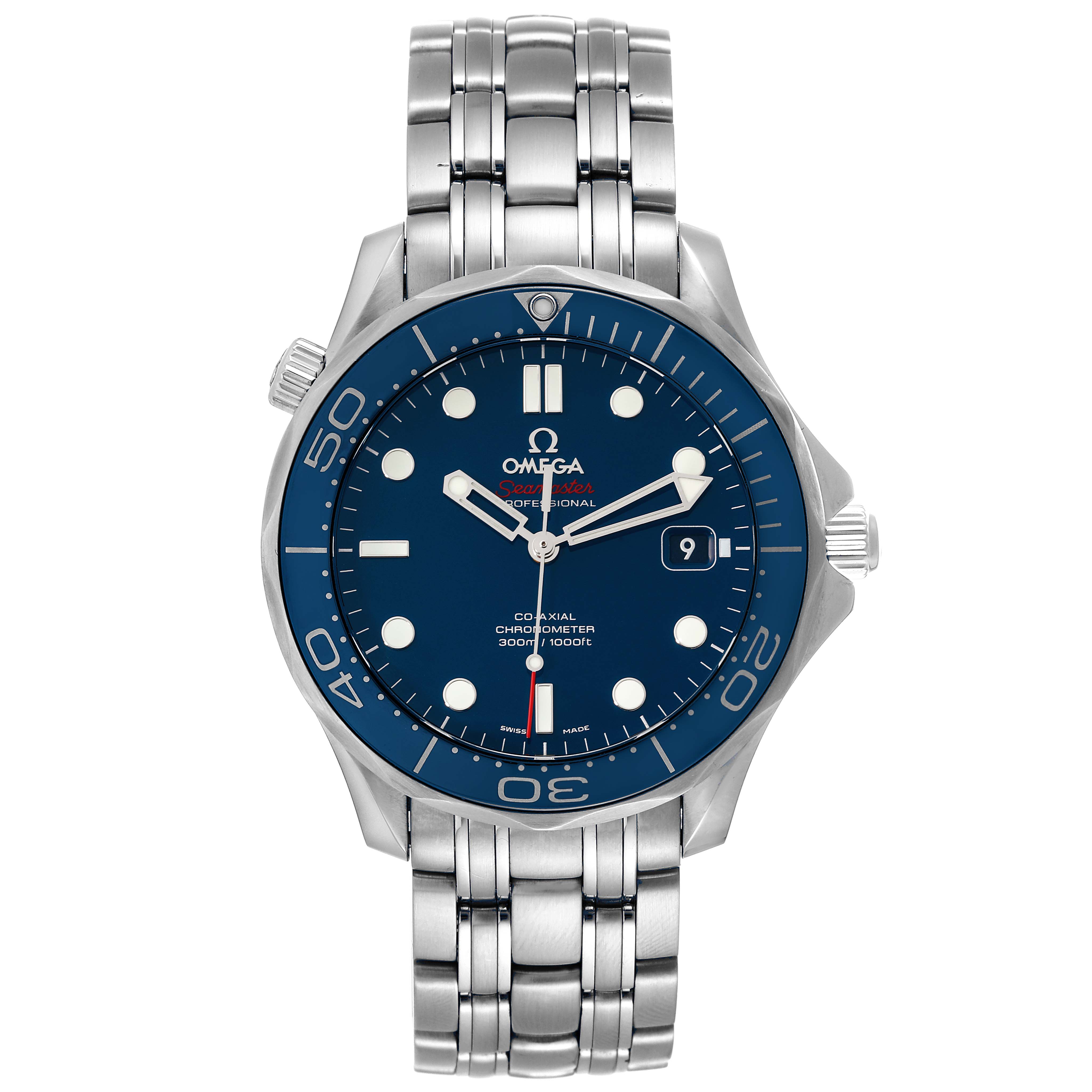 The image shows a front view of the Omega Seamaster 212.30.41.20.03.001 Men's Stainless Steel Blue Dial 212.30.41.20.03.001 Men's Stainless Steel Blue Dial watch featuring its face and stainless steel bracelet.