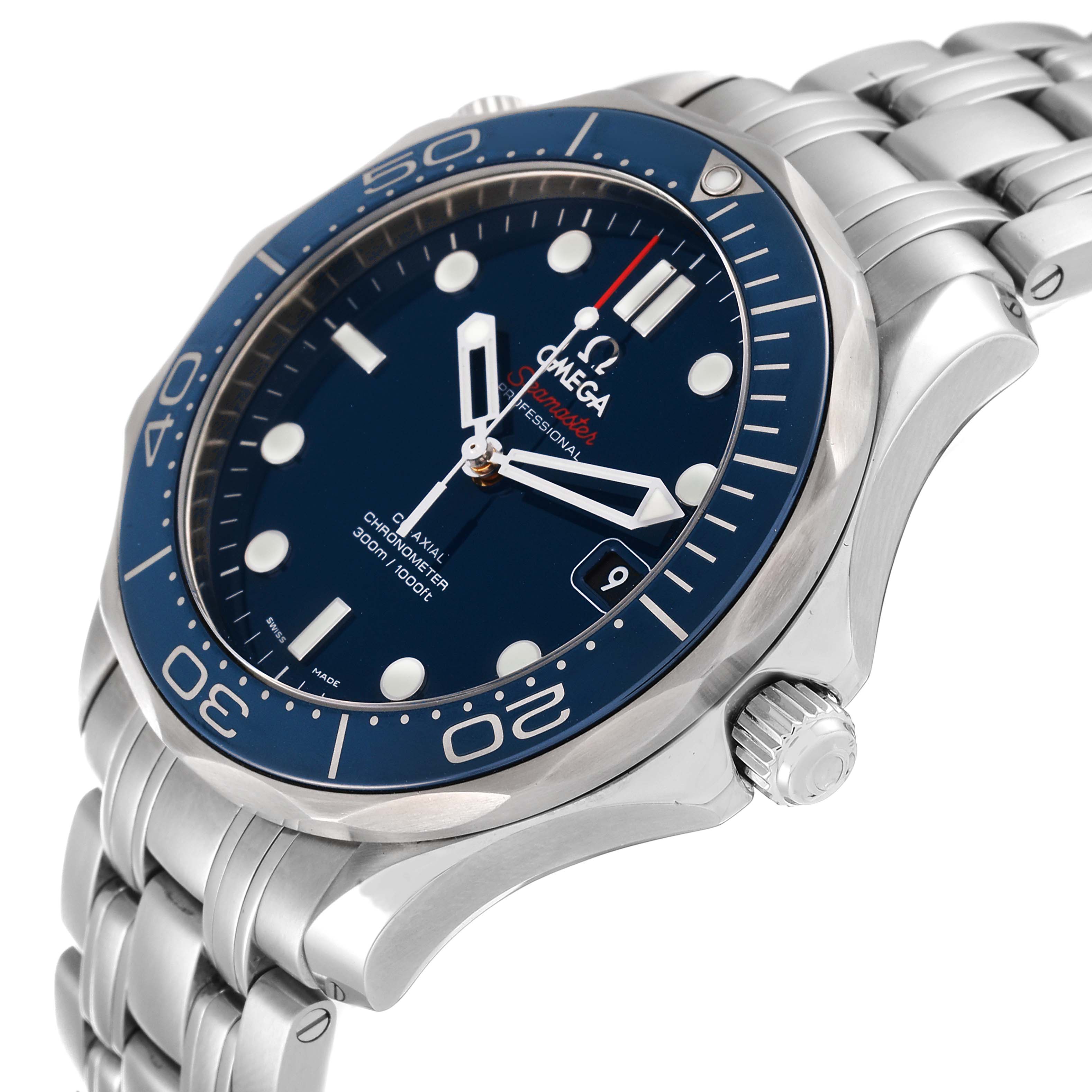 The image shows a side angle of the Omega Seamaster 212.30.41.20.03.001 Men's Stainless Steel Blue Dial 212.30.41.20.03.001 Men's Stainless Steel Blue Dial, highlighting the bezel, dial, crown, and stainless steel bracelet.