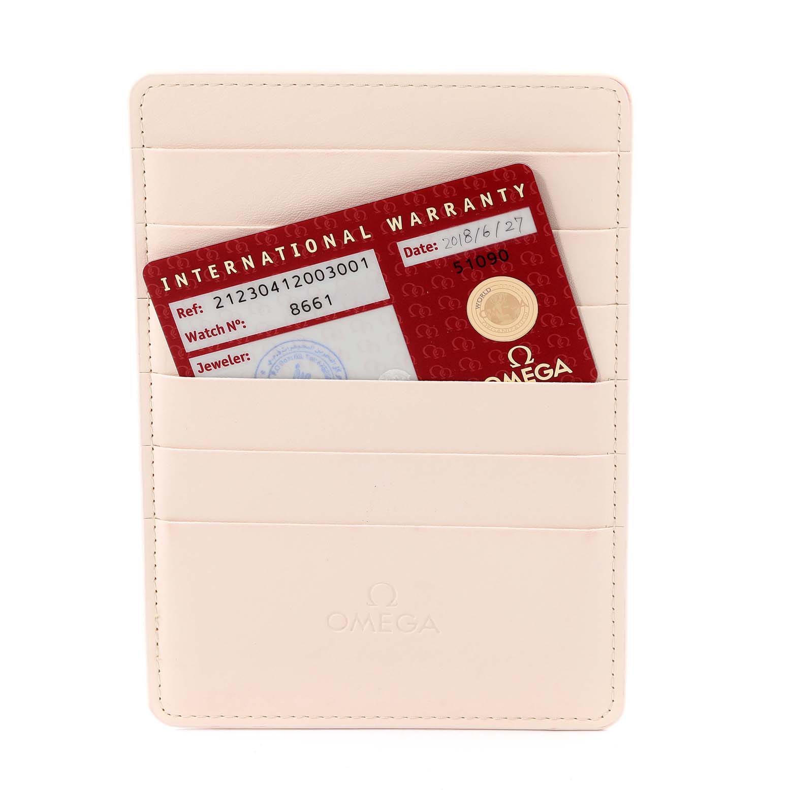 This image shows the international warranty card for the Omega Seamaster 212.30.41.20.03.001 Men's Stainless Steel Blue Dial 212.30.41.20.03.001 Men's Stainless Steel Blue Dial watch, placed in a beige cardholder.