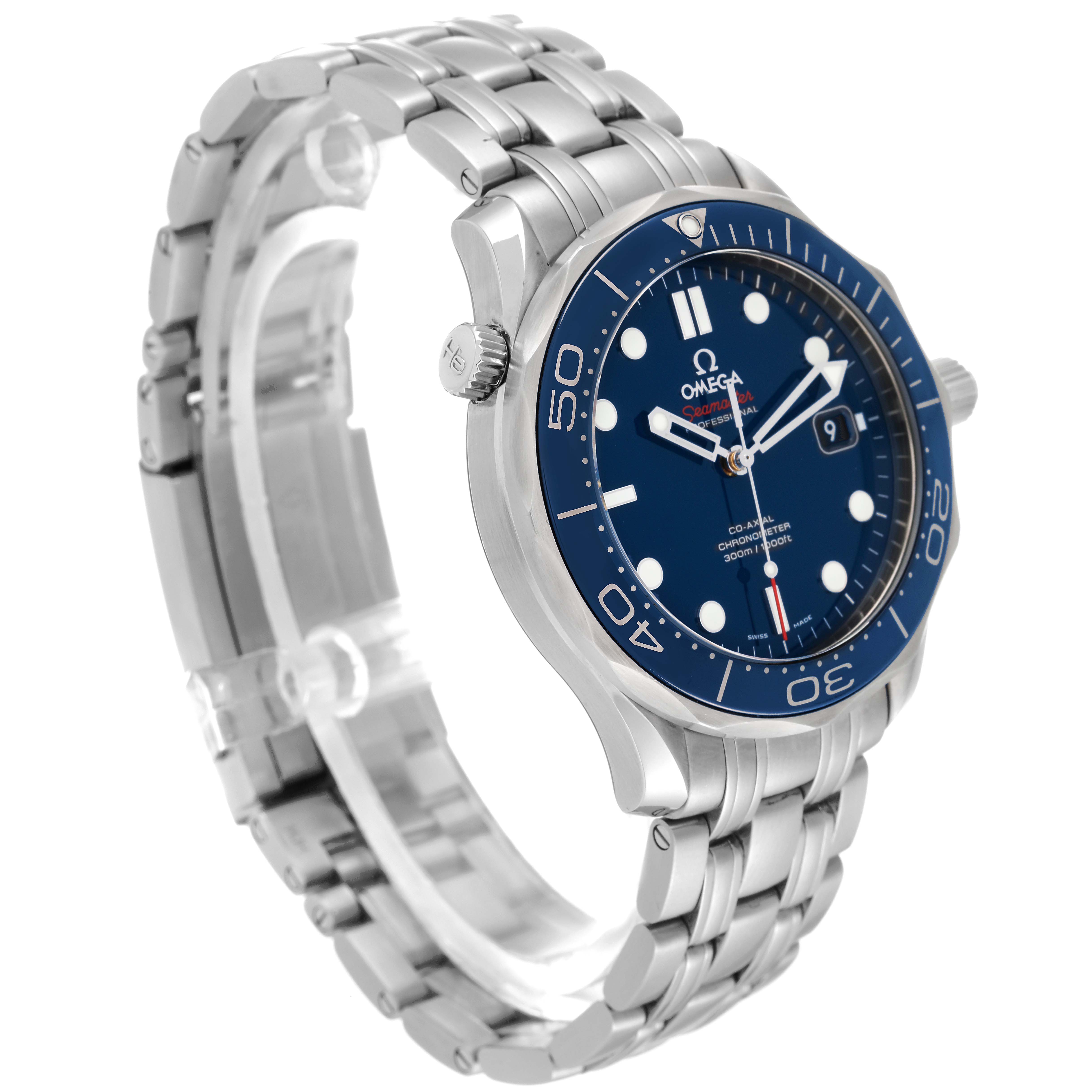 The image shows a side angle of an Omega Seamaster 212.30.41.20.03.001 Men's Stainless Steel Blue Dial 212.30.41.20.03.001 Men's Stainless Steel Blue Dial watch, highlighting the dial, bezel, bracelet, and crown.