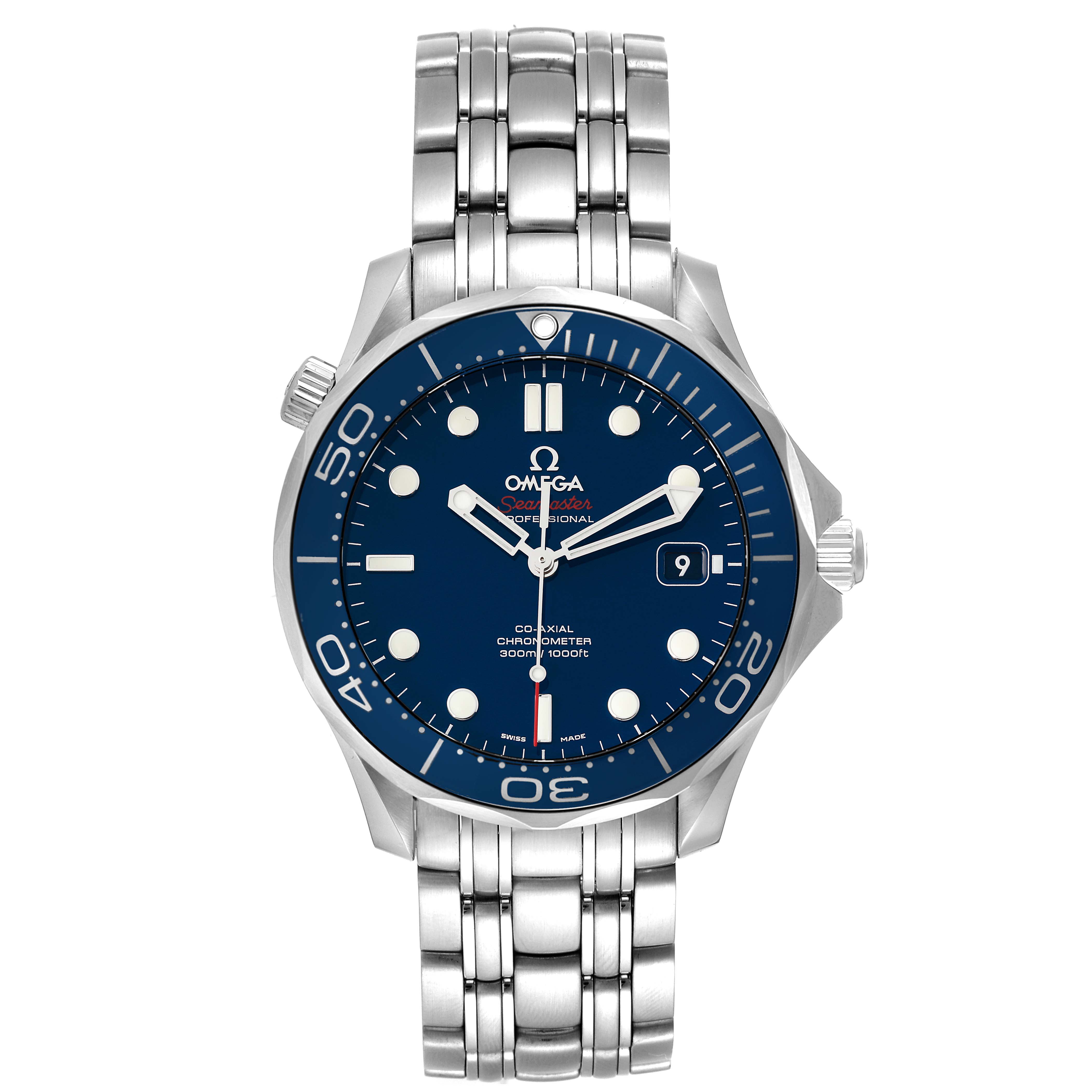 The image shows a front view of an Omega Seamaster 212.30.41.20.03.001 Men's Stainless Steel Blue Dial 212.30.41.20.03.001 Men's Stainless Steel Blue Dial watch, highlighting the blue dial, bezel, and stainless steel bracelet.