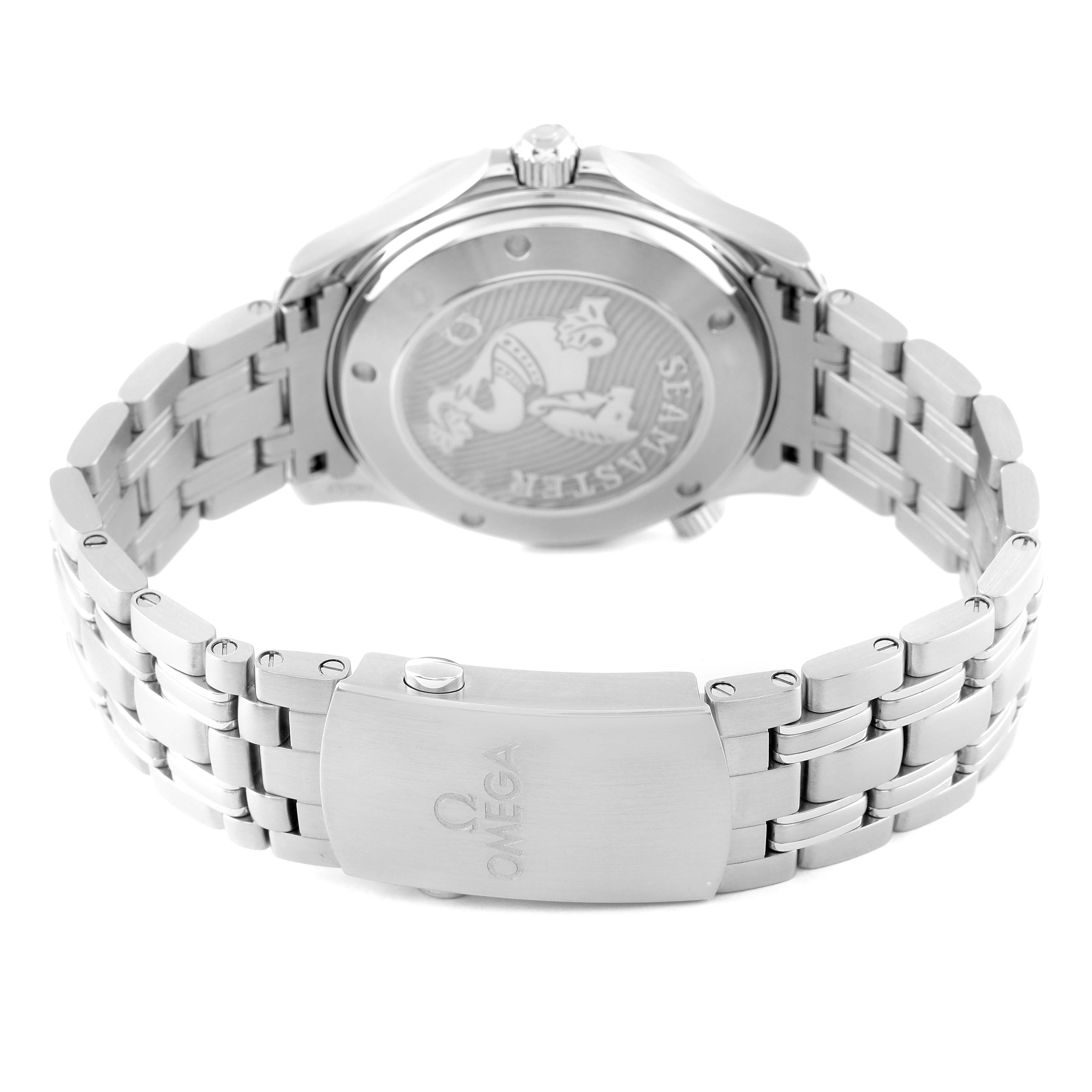 The image shows the back case and bracelet of an Omega Seamaster 212.30.41.20.03.001 Men's Stainless Steel Blue Dial 212.30.41.20.03.001 Men's Stainless Steel Blue Dial watch, highlighting the clasp and engraving details.