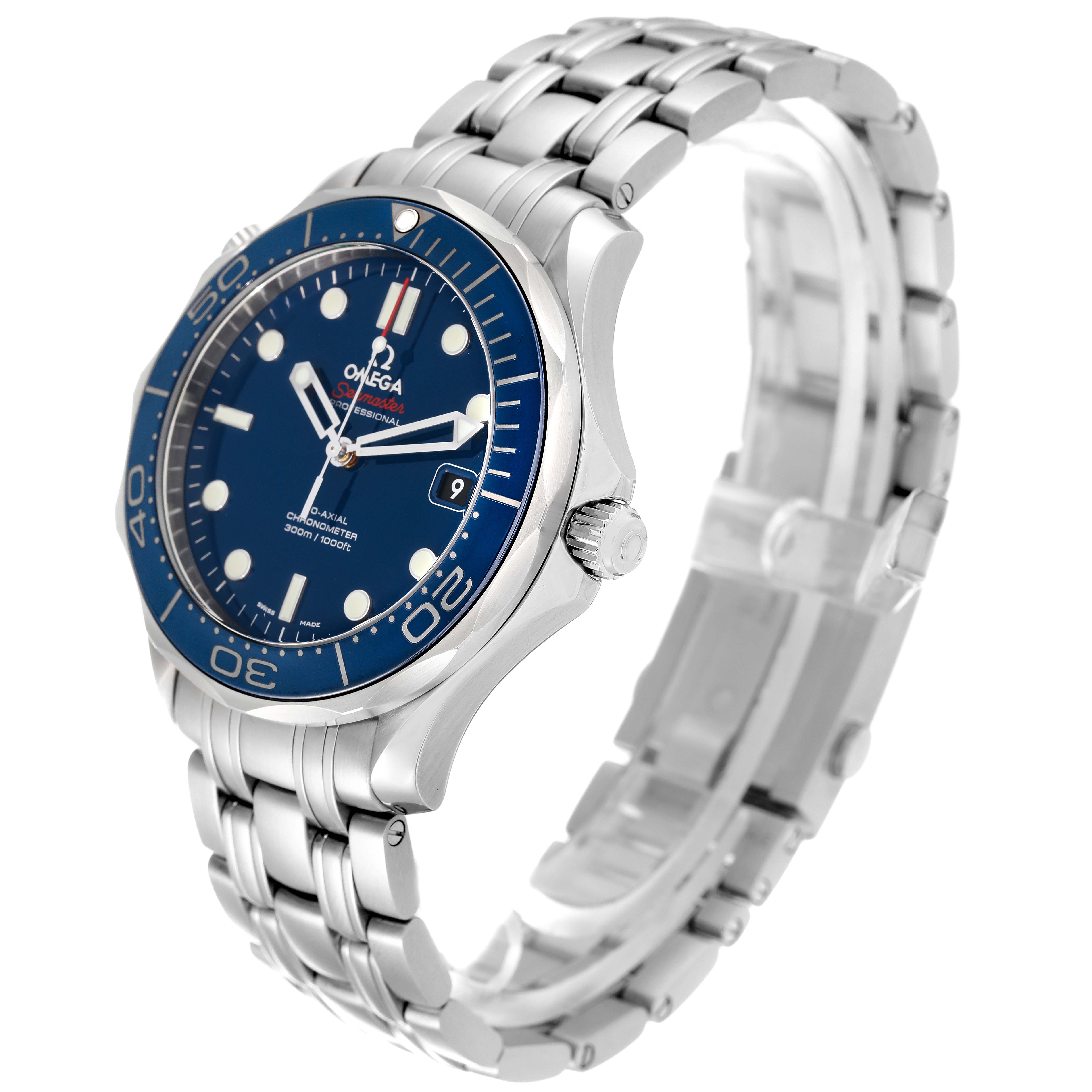 The Omega Seamaster 212.30.41.20.03.001 Men's Stainless Steel Blue Dial 212.30.41.20.03.001 Men's Stainless Steel Blue Dial watch is shown at an angled view, highlighting the dial, bezel, crown, and stainless steel bracelet.