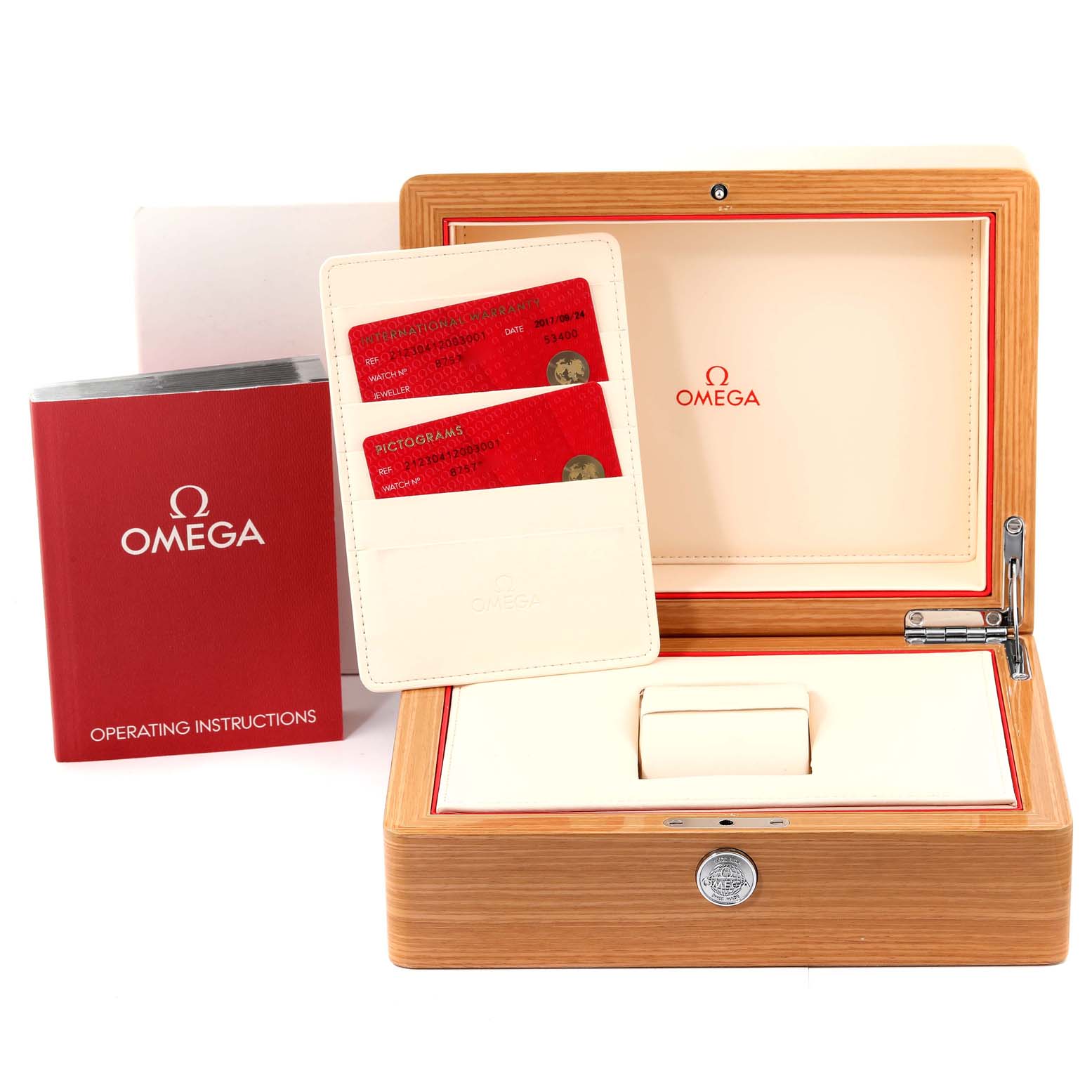 The image shows an Omega Seamaster 212.30.41.20.03.001 Men's Stainless Steel Blue Dial 212.30.41.20.03.001 Men's Stainless Steel Blue Dial watch box, operating instructions book, and warranty and pictogram cards.