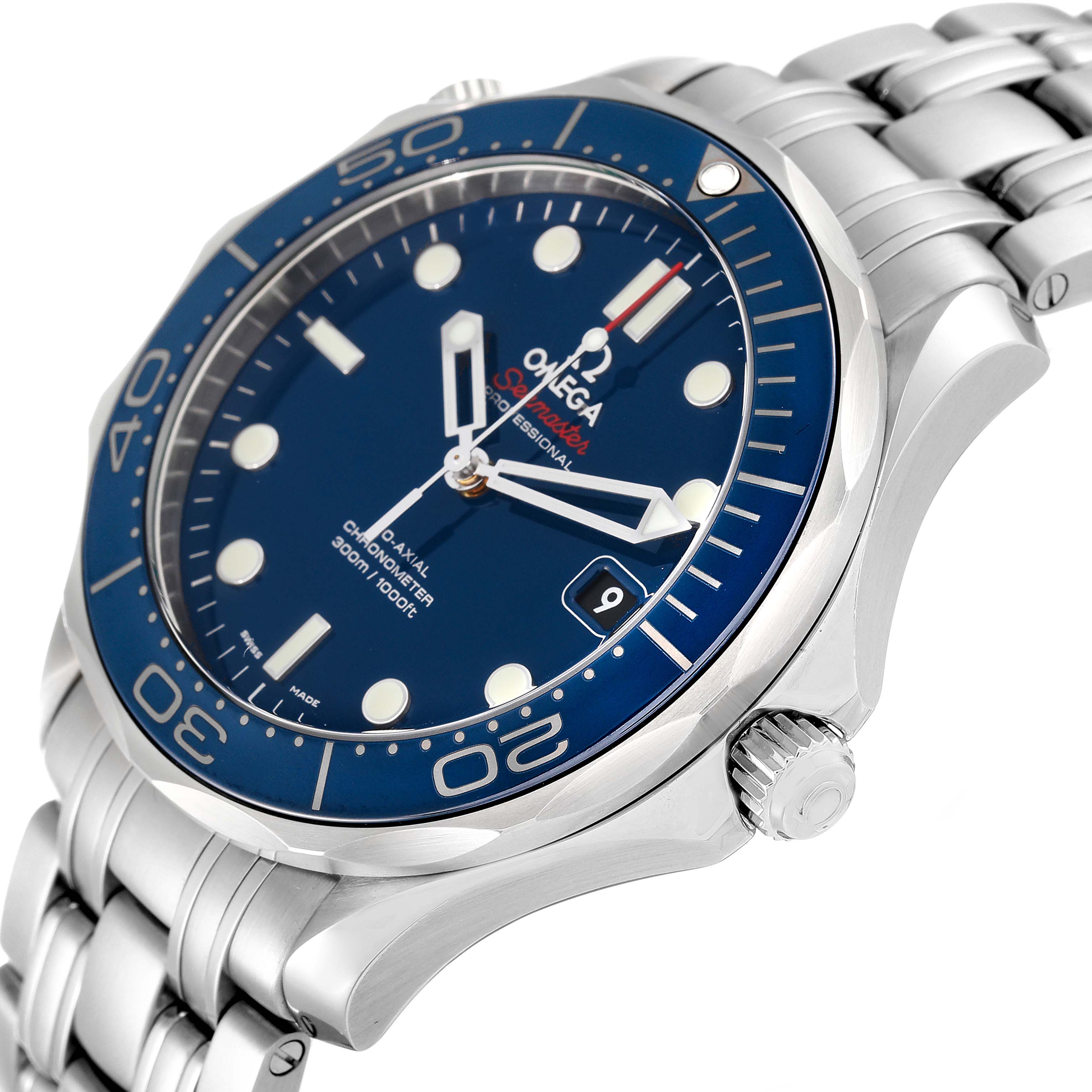 The Omega Seamaster 212.30.41.20.03.001 Men's Stainless Steel Blue Dial 212.30.41.20.03.001 Men's Stainless Steel Blue Dial watch is shown at an angle highlighting its blue dial, bezel, crown, and stainless steel bracelet.