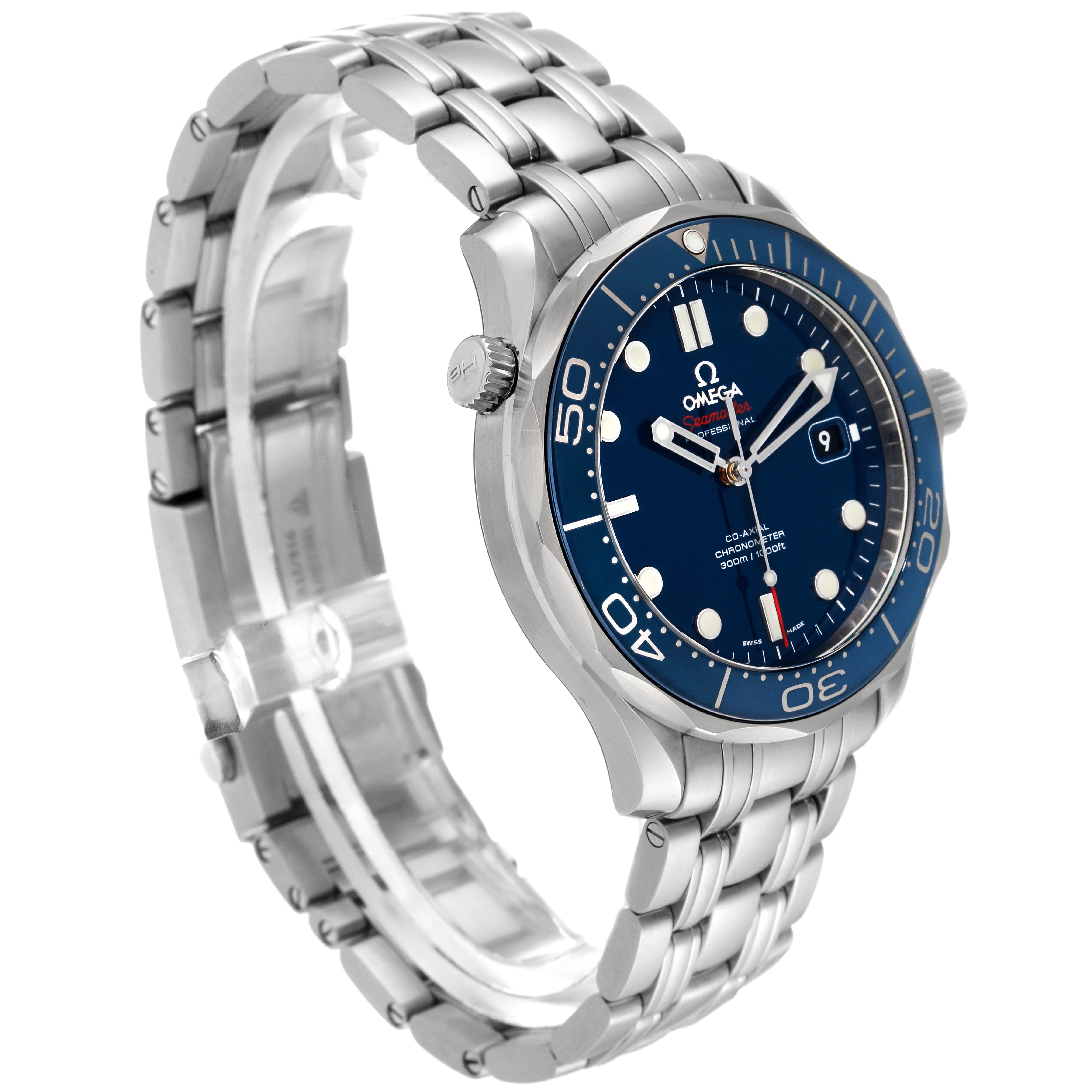 This image shows an Omega Seamaster 212.30.41.20.03.001 Men's Stainless Steel Blue Dial 212.30.41.20.03.001 Men's Stainless Steel Blue Dial watch angled to display the face, bezel, crown, and bracelet.
