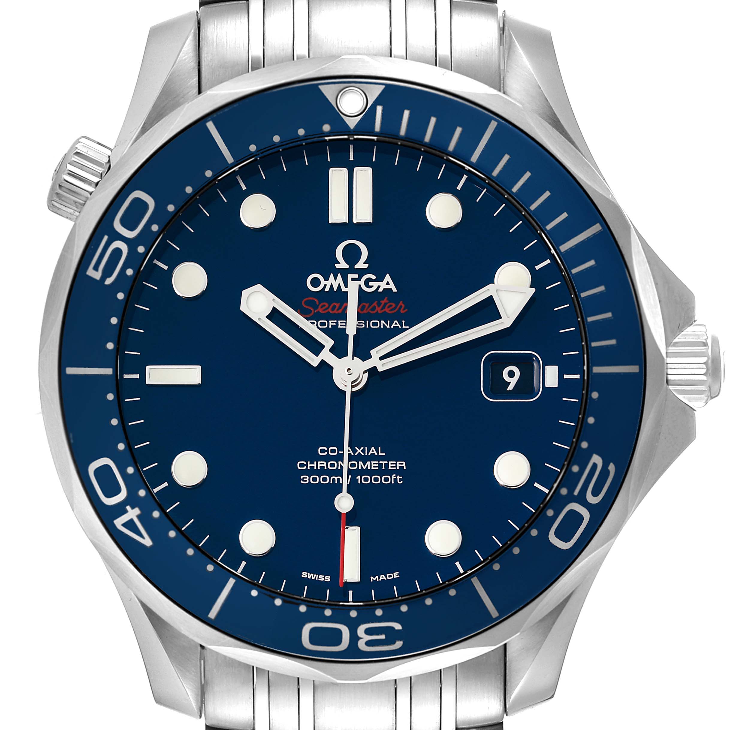 This image shows a front view of an Omega Seamaster 212.30.41.20.03.001 Men's Stainless Steel Blue Dial 212.30.41.20.03.001 Men's Stainless Steel Blue Dial watch, highlighting its blue dial and stainless steel case and bracelet.