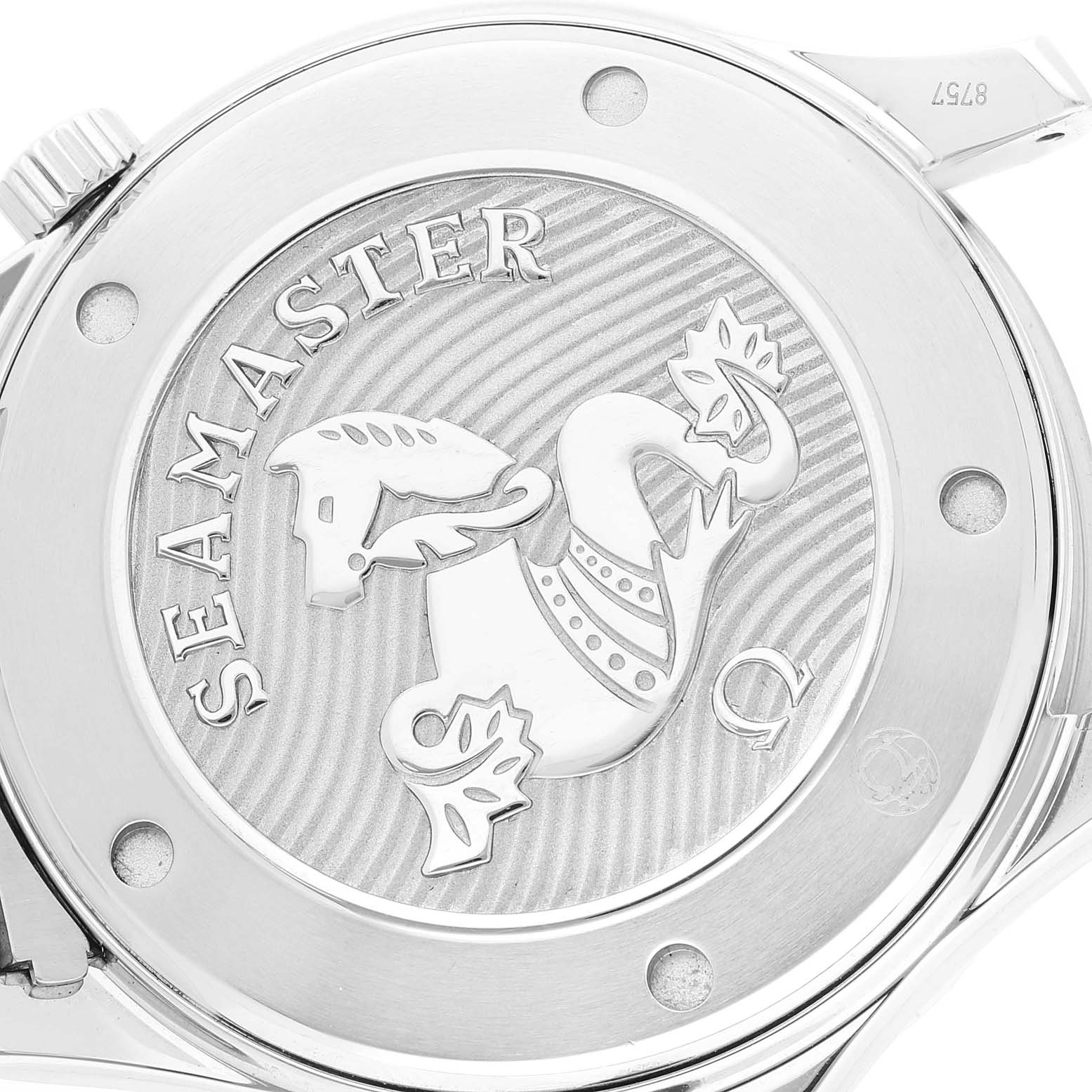 The image shows the back case of an Omega Seamaster 212.30.41.20.03.001 Men's Stainless Steel Blue Dial 212.30.41.20.03.001 Men's Stainless Steel Blue Dial watch, featuring the embossed logo and seamonster design.