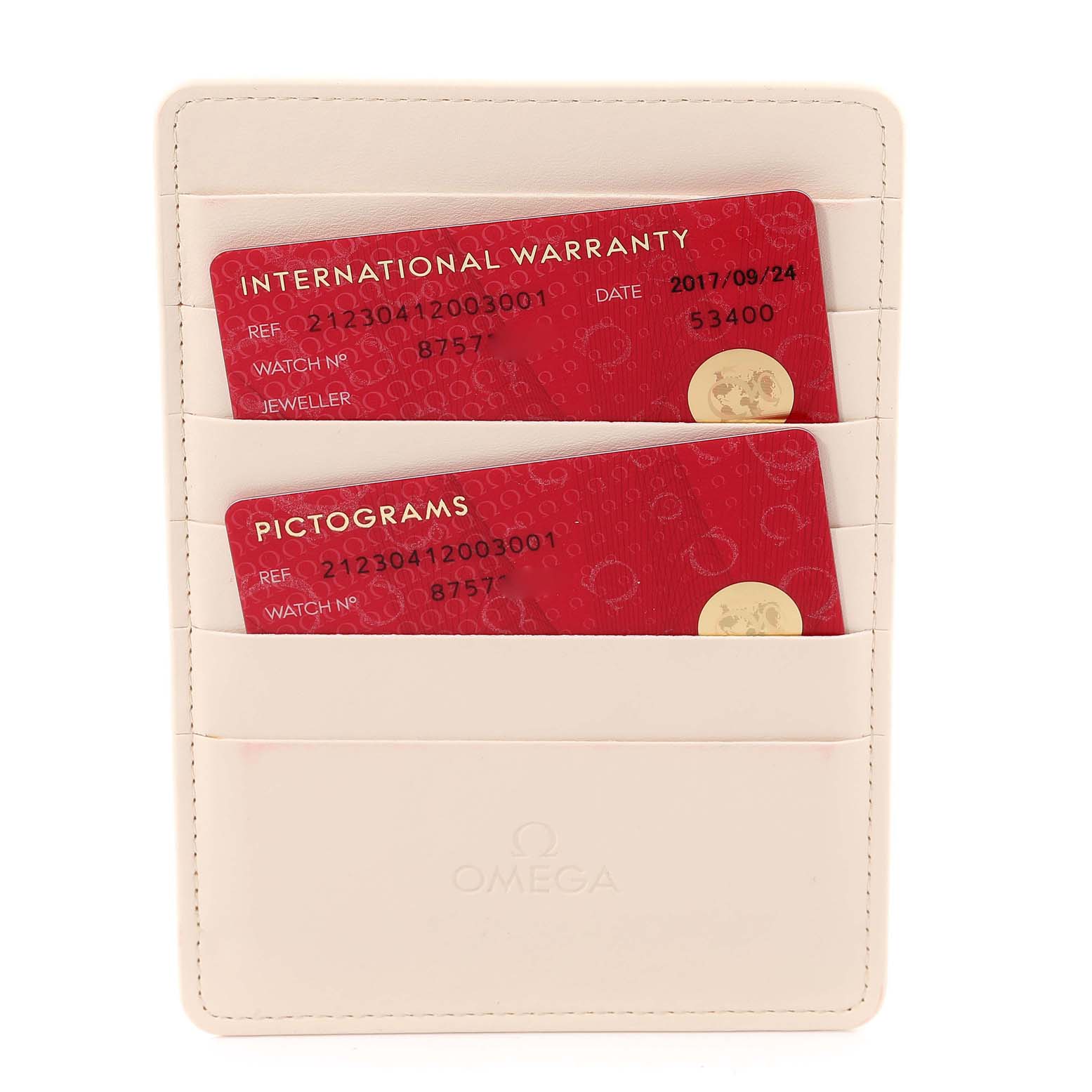 The image shows warranty and pictogram cards for the Omega Seamaster 212.30.41.20.03.001 Men's Stainless Steel Blue Dial 212.30.41.20.03.001 Men's Stainless Steel Blue Dial watch, housed in a white Omega-branded cardholder.