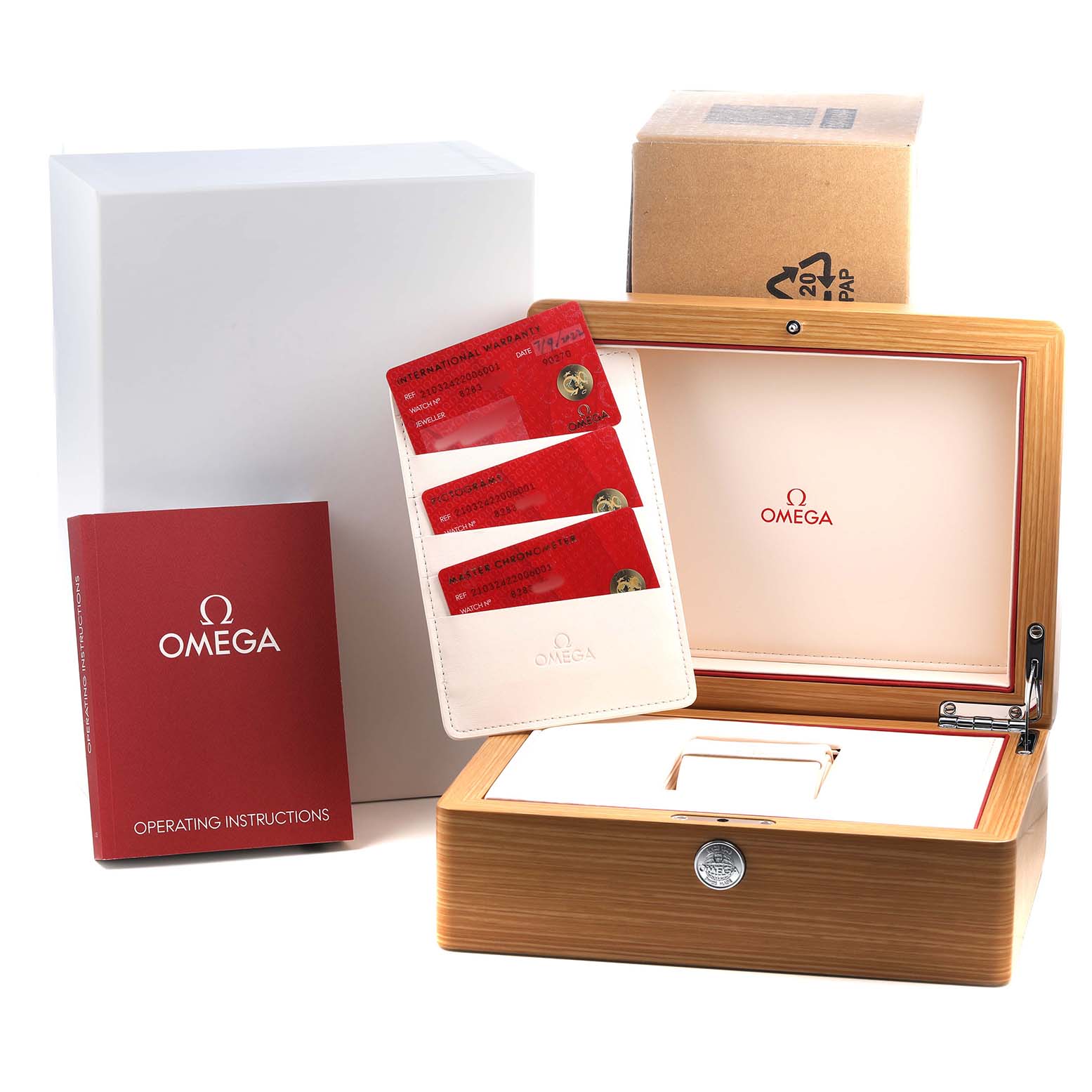 The image shows the Omega Seamaster 210.32.42.20.06.001 Men's Stainless Steel Silver Dial's packaging, including a wooden box, warranty cards, instructions, and outer packaging.
