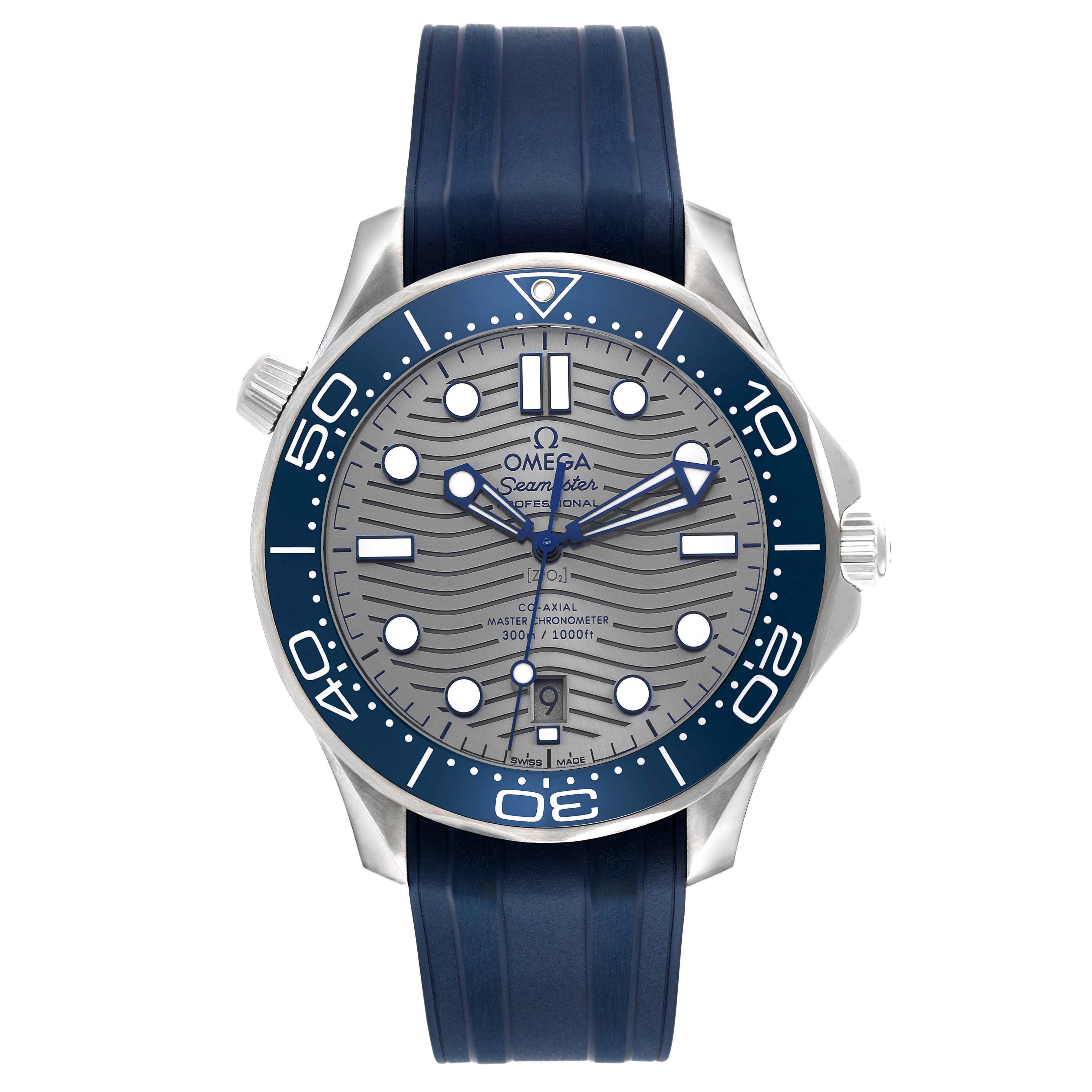 The Omega Seamaster 210.32.42.20.06.001 Men's Stainless Steel Silver Dial watch is shown from the front, displaying its face, bezel, and blue strap.