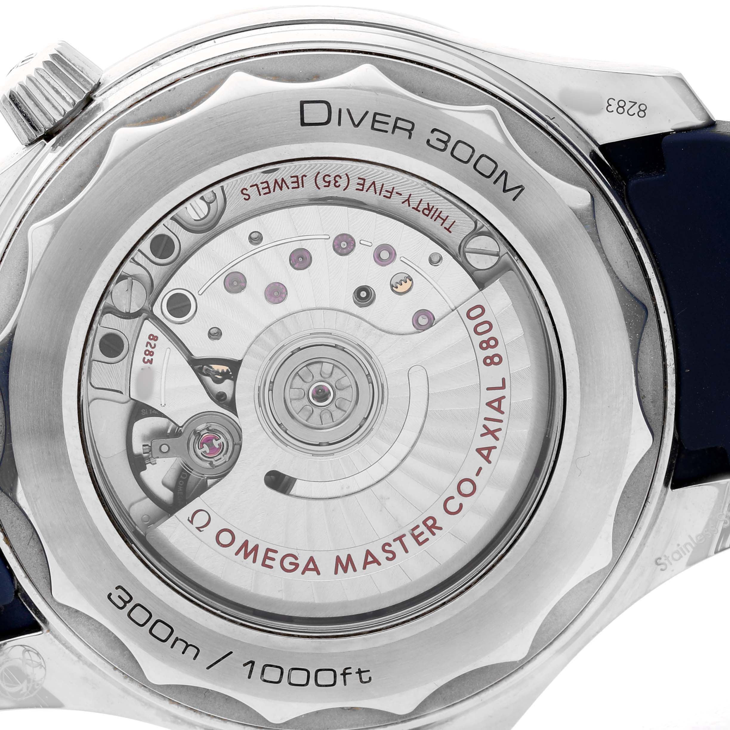 The image shows the back of the Omega Seamaster 210.32.42.20.06.001 Men's Stainless Steel Silver Dial 300M, highlighting the movement and transparent case back.