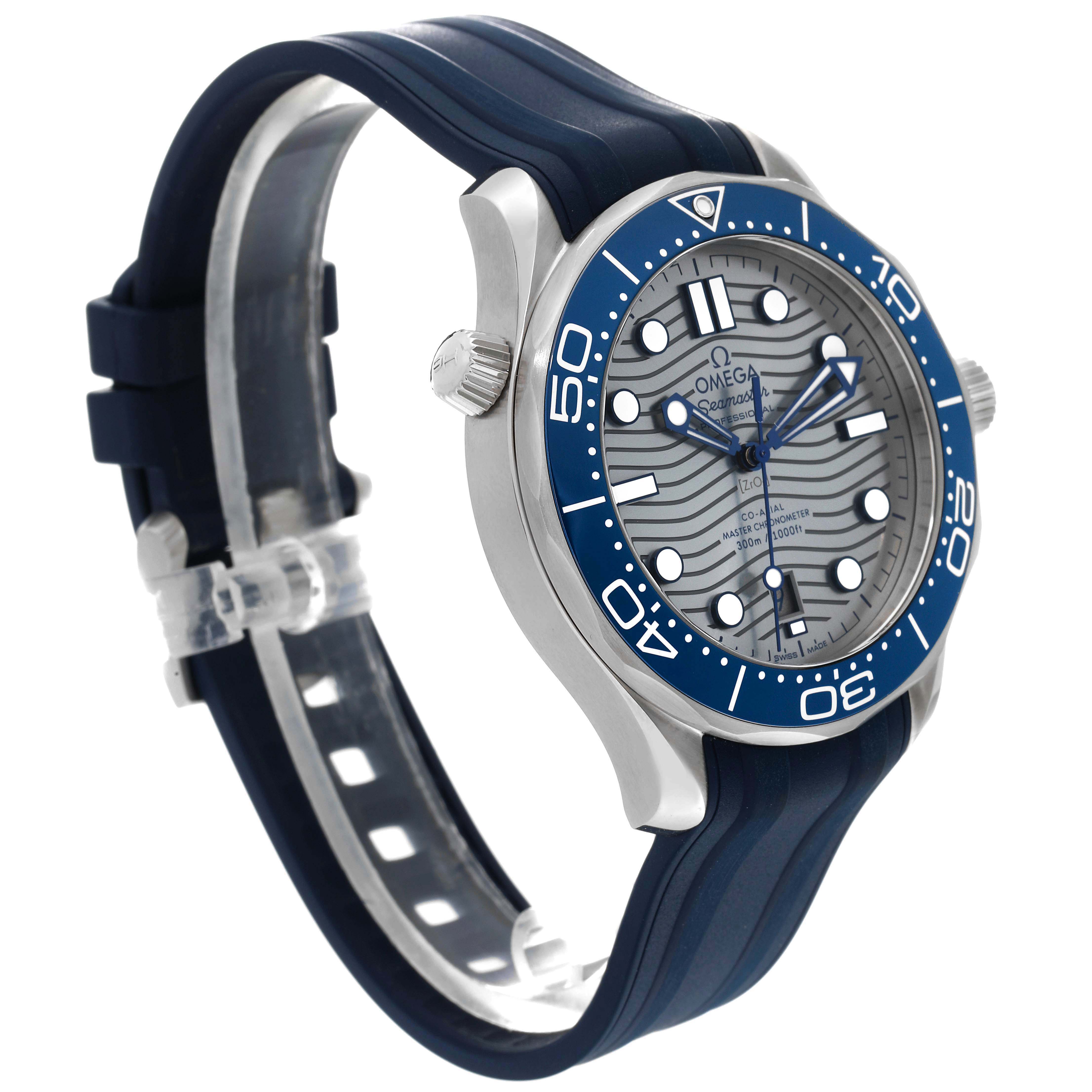 The Omega Seamaster 210.32.42.20.06.001 Men's Stainless Steel Silver Dial watch is shown at a three-quarter angle, highlighting the bezel, dial, and rubber strap.