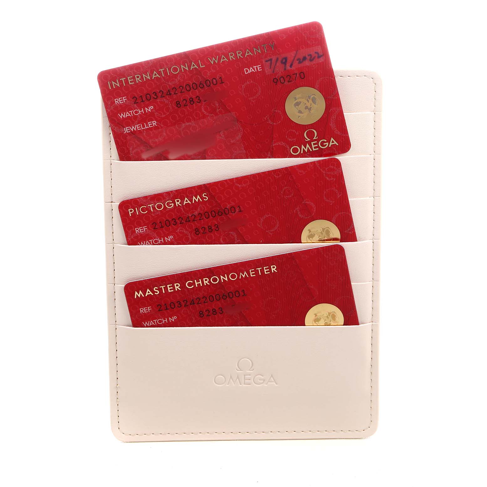 The image shows three red cards related to an Omega Seamaster 210.32.42.20.06.001 Men's Stainless Steel Silver Dial, including warranty, pictograms, and master chronometer, in a white holder.