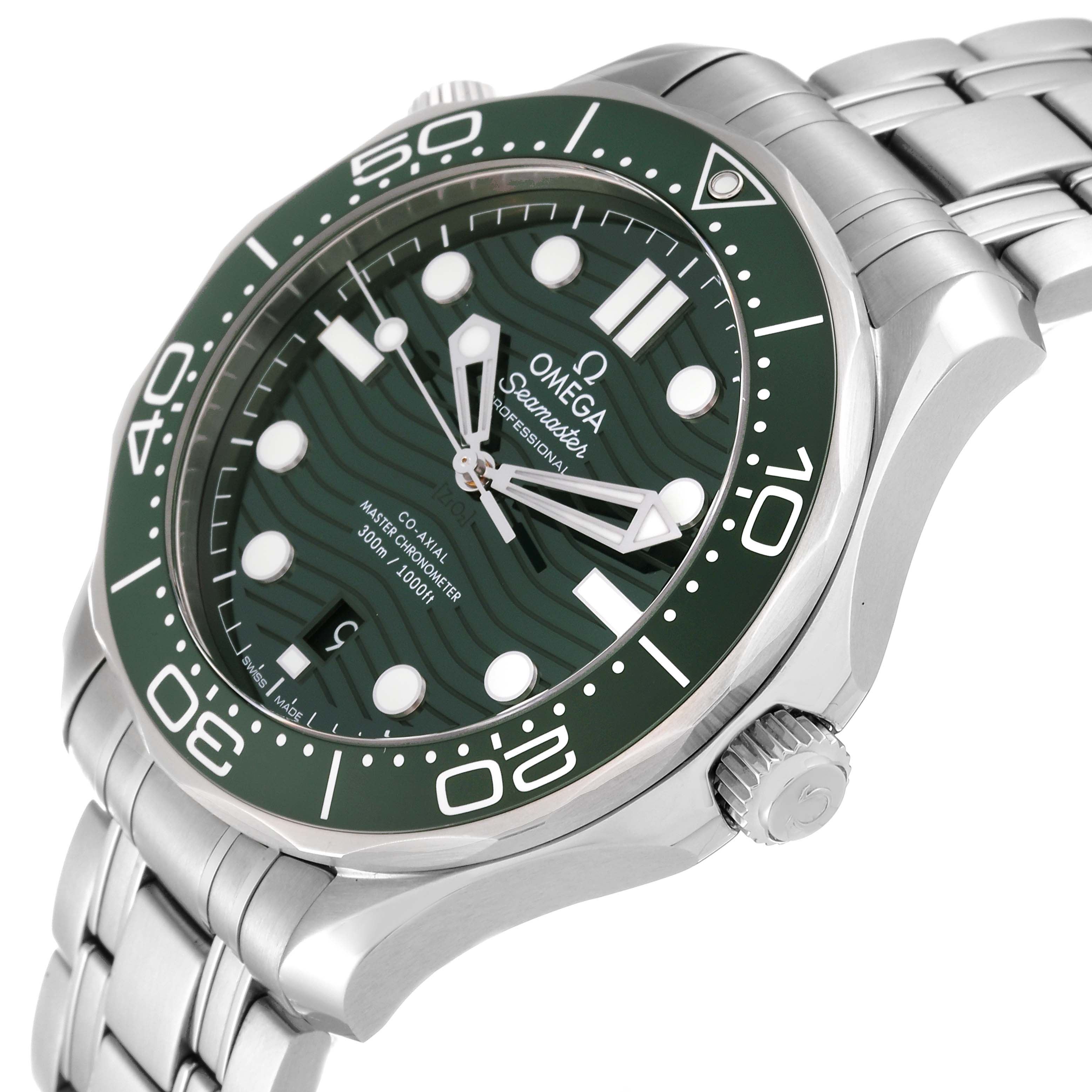 The image shows a side angle of the Omega Seamaster 210.30.42.20.10.001 Men's Stainless Steel Green Dial 210.30.42.20.10.001 Men's Stainless Steel Green Dial watch, highlighting its face, bezel, crown, and bracelet.