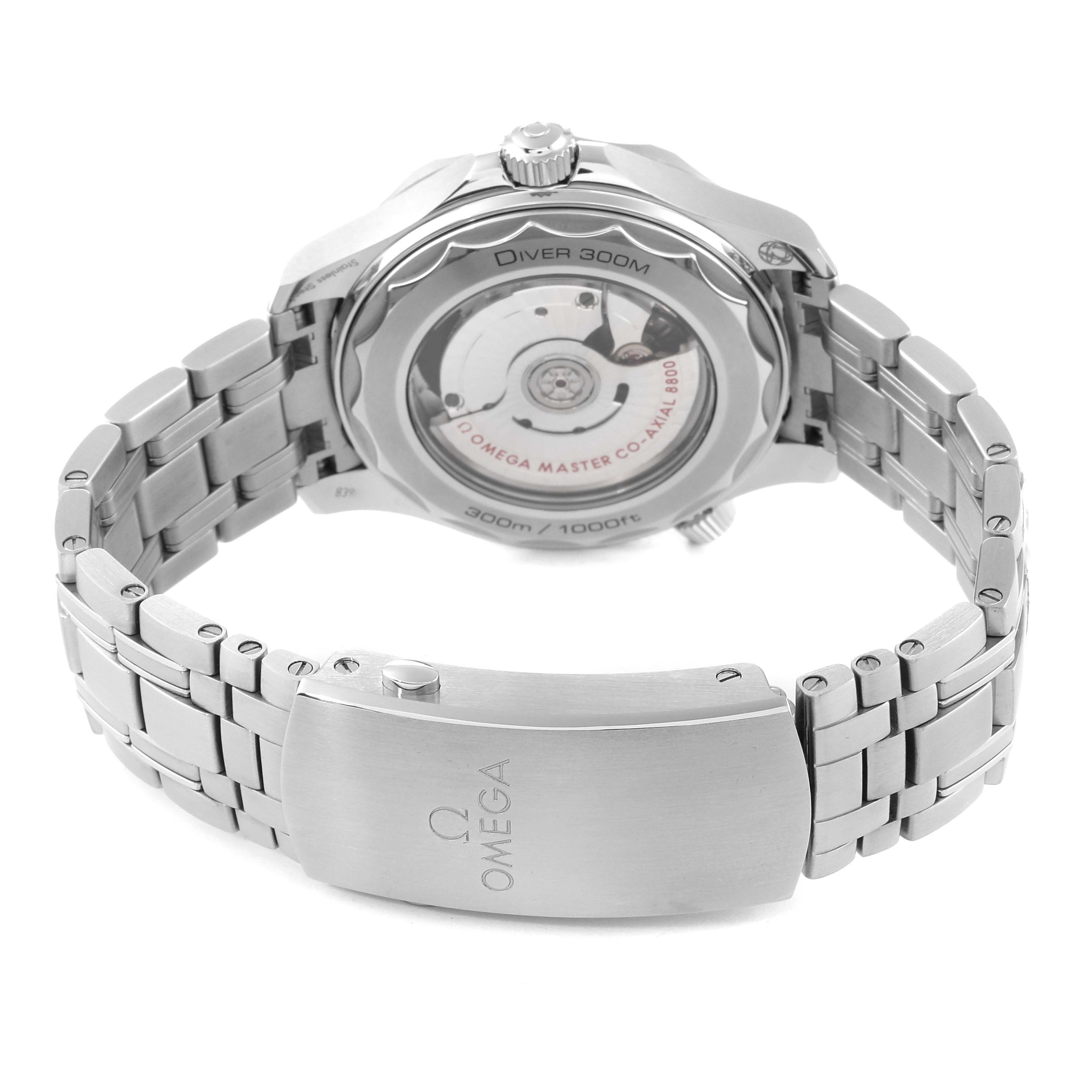 The image shows the back case and bracelet clasp of the Omega Seamaster 210.30.42.20.10.001 Men's Stainless Steel Green Dial 210.30.42.20.10.001 Men's Stainless Steel Green Dial watch, highlighting its inner mechanism.