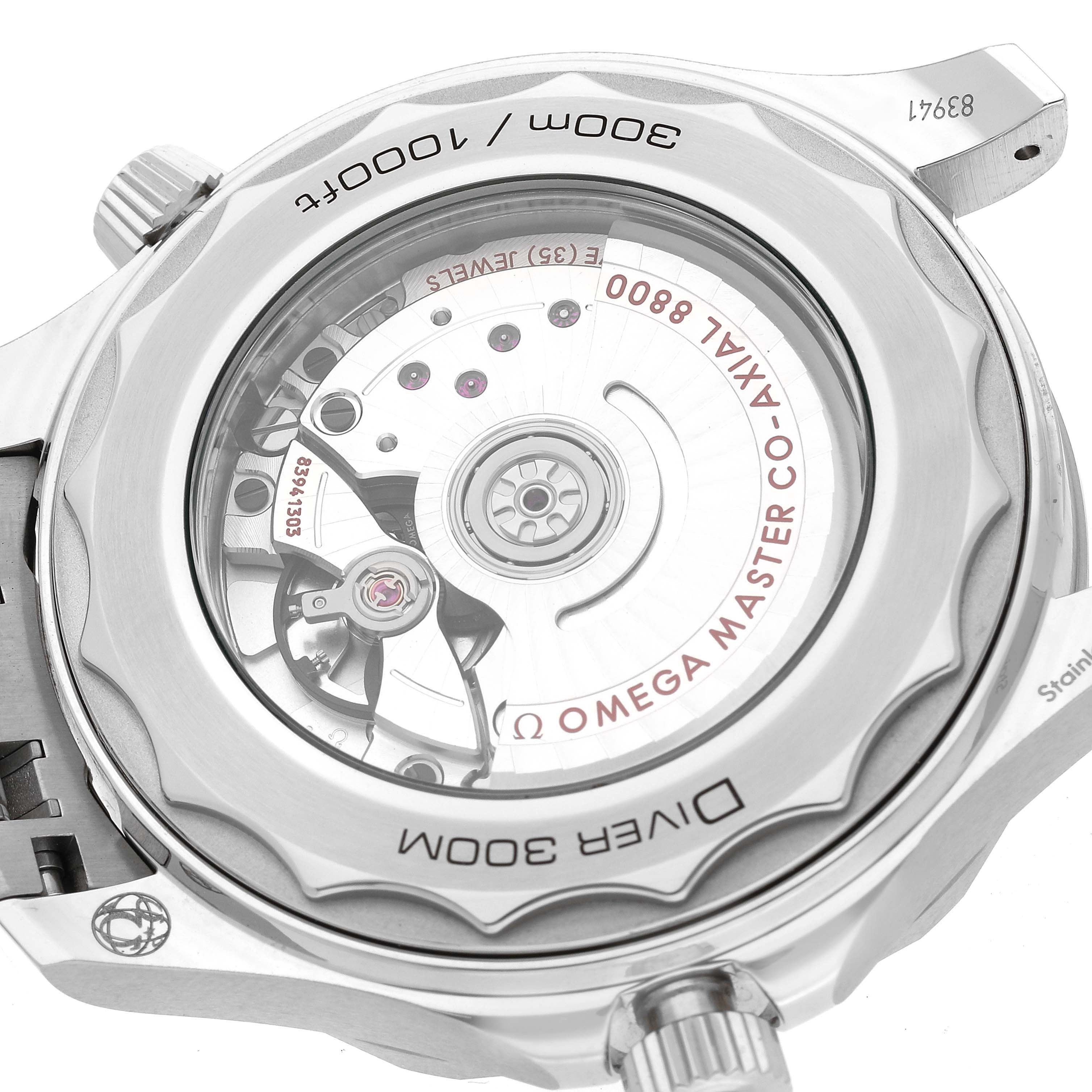 The image shows the back view of an Omega Seamaster 210.30.42.20.10.001 Men's Stainless Steel Green Dial 210.30.42.20.10.001 Men's Stainless Steel Green Dial watch, highlighting its transparent case back and visible movement.