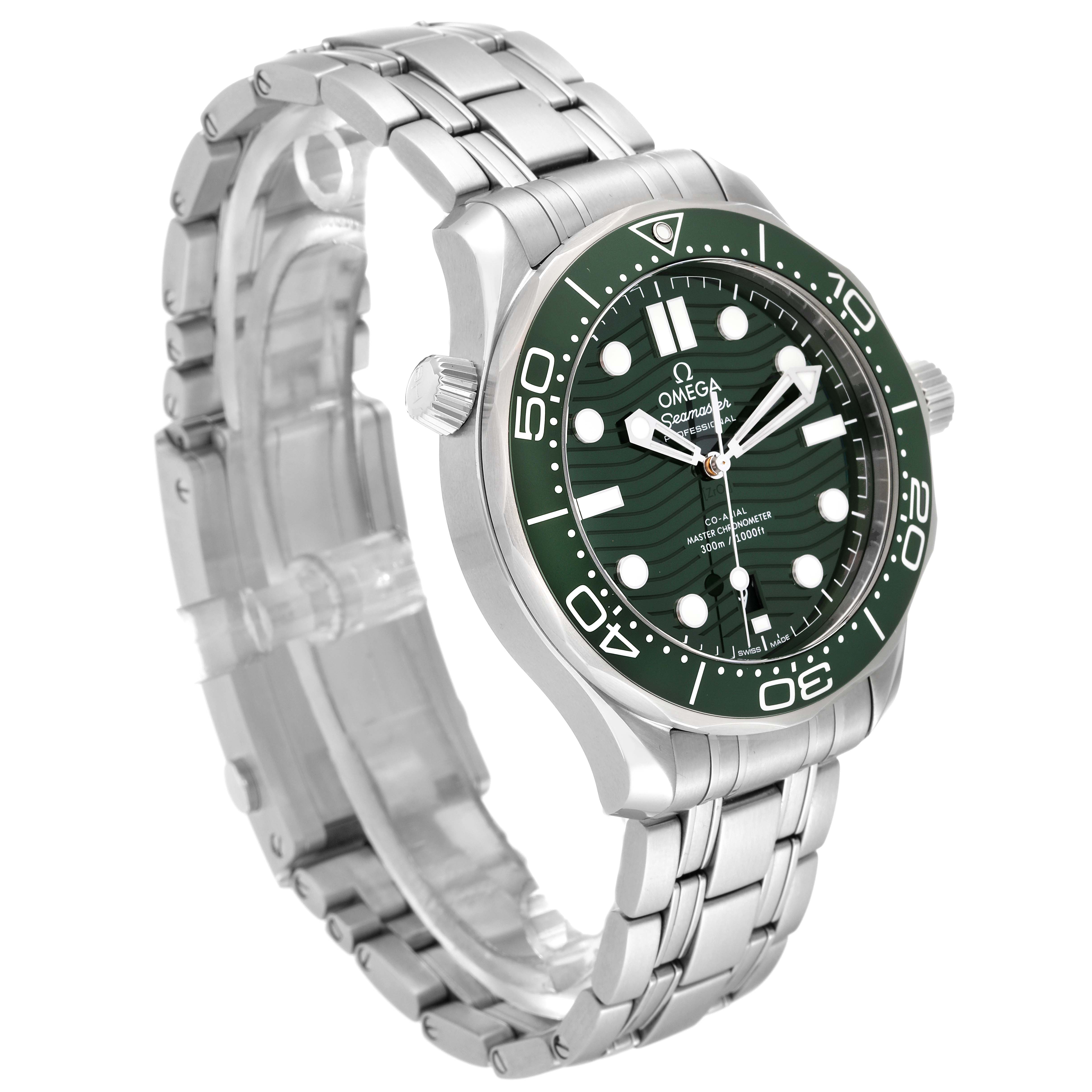 The image shows an Omega Seamaster 210.30.42.20.10.001 Men's Stainless Steel Green Dial 210.30.42.20.10.001 Men's Stainless Steel Green Dial watch at a three-quarter angle, highlighting its stainless steel bracelet and green bezel.