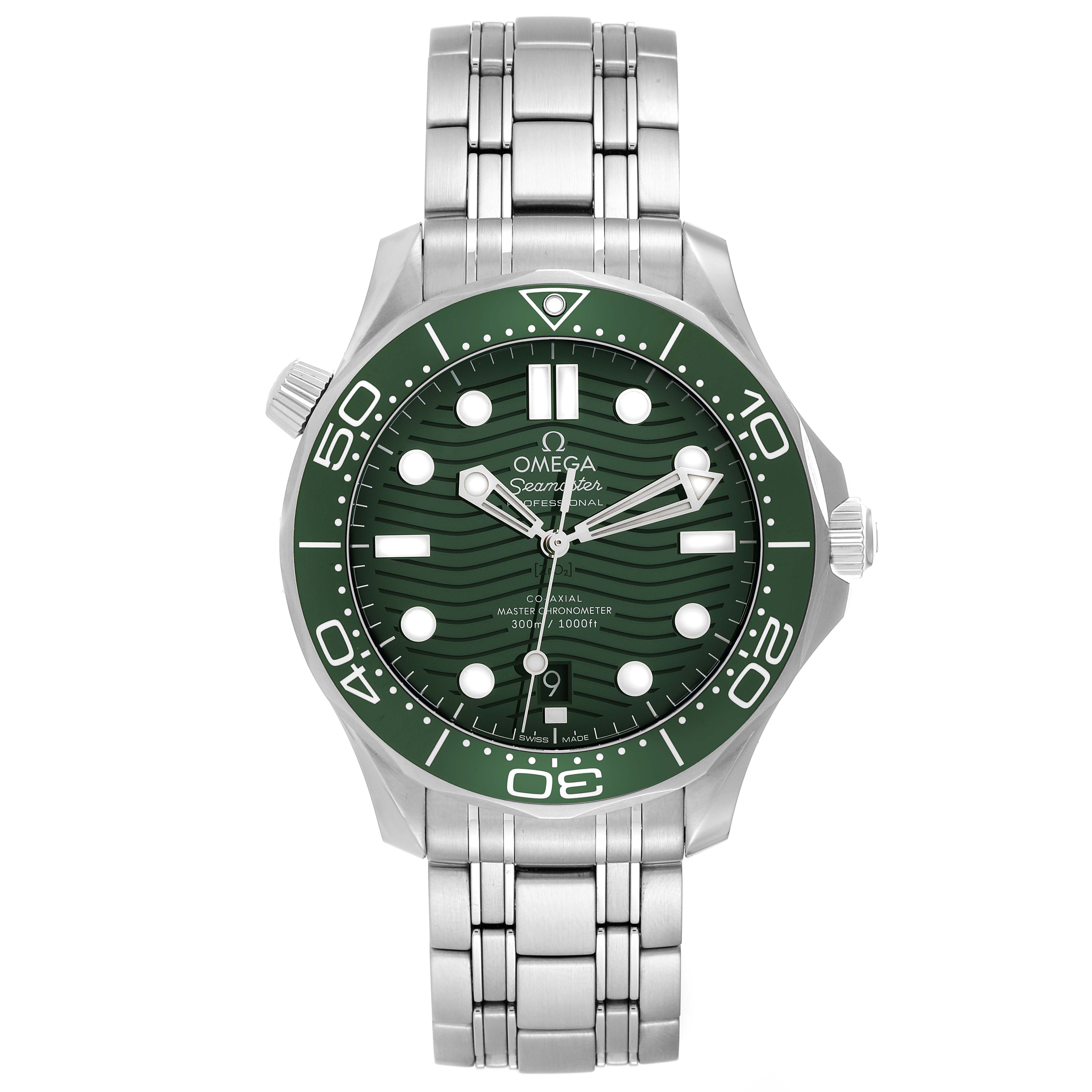The image shows a front view of an Omega Seamaster 210.30.42.20.10.001 Men's Stainless Steel Green Dial 210.30.42.20.10.001 Men's Stainless Steel Green Dial watch with a green dial and silver bracelet.