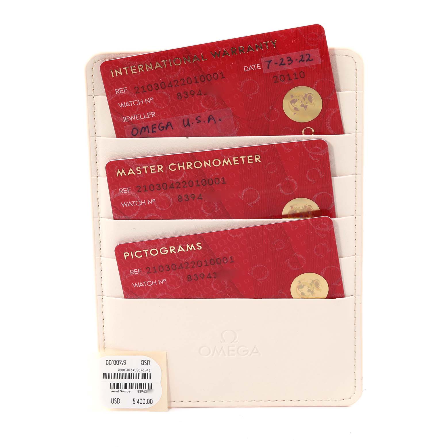 This image shows the warranty and certification cards for an Omega Seamaster 210.30.42.20.10.001 Men's Stainless Steel Green Dial 210.30.42.20.10.001 Men's Stainless Steel Green Dial watch, inside an Omega cardholder.