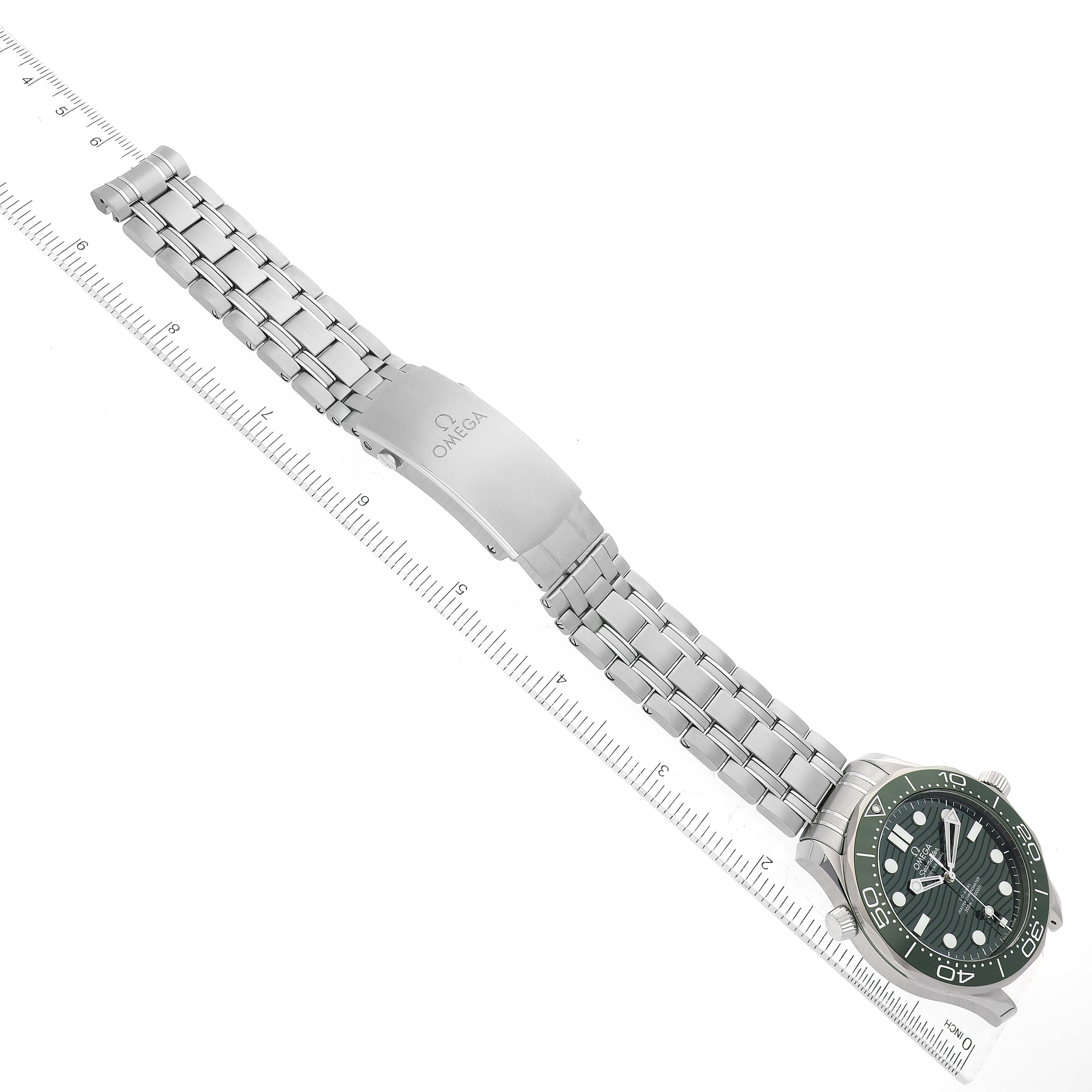 The image shows an Omega Seamaster 210.30.42.20.10.001 Men's Stainless Steel Green Dial 210.30.42.20.10.001 Men's Stainless Steel Green Dial watch lying flat, displaying the dial, bracelet, and clasp from a top view.