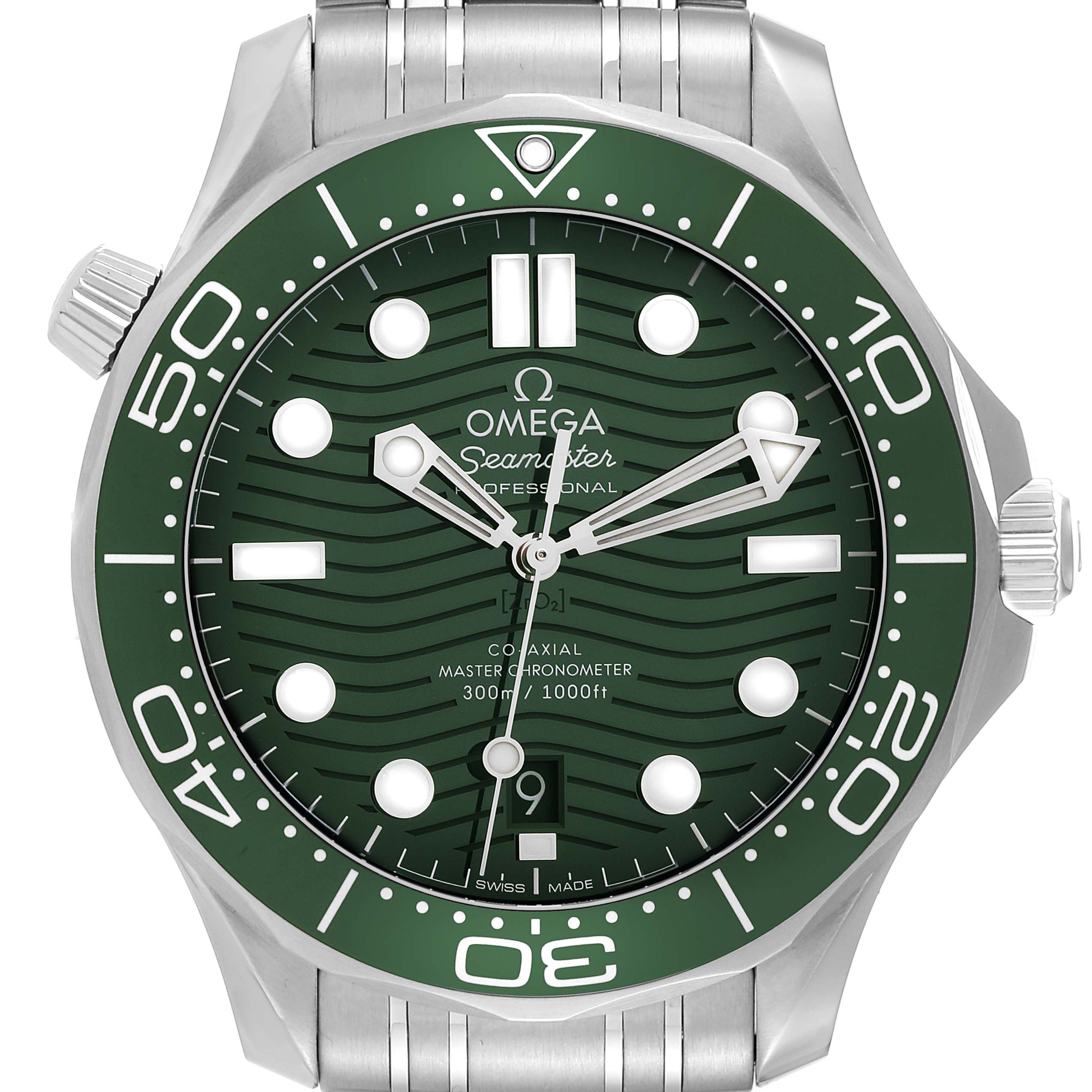 The Omega Seamaster 210.30.42.20.10.001 Men's Stainless Steel Green Dial 210.30.42.20.10.001 Men's Stainless Steel Green Dial watch is shown from a top-down angle highlighting the green dial, bezel, and metal bracelet.