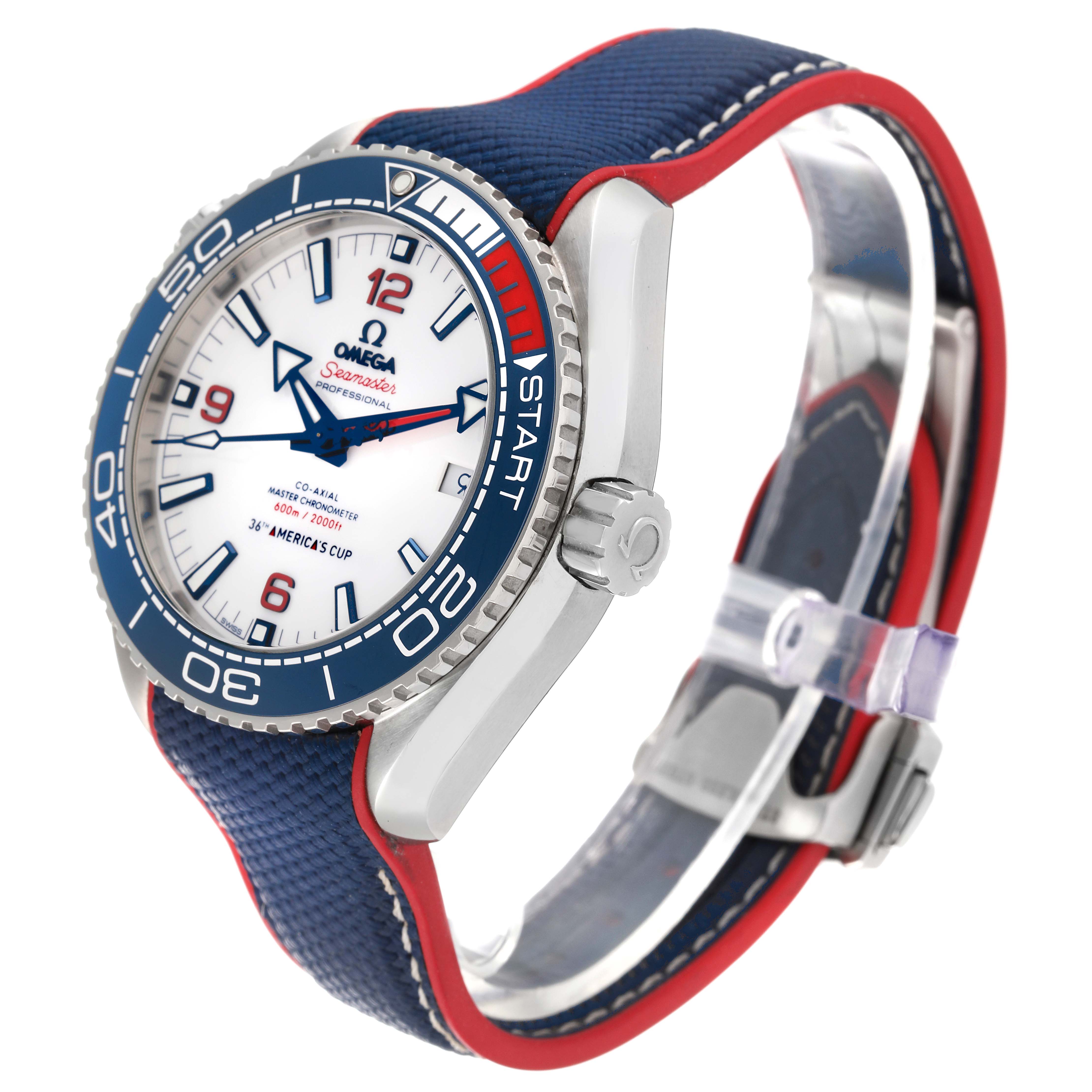 The Omega Planet Ocean 215.32.43.21.04.001 Men's Stainless Steel White Dial 215.32.43.21.04.001 Men's Stainless Steel White Dial watch is shown at a three-quarter angle, highlighting its face, bezel, crown, and strap.