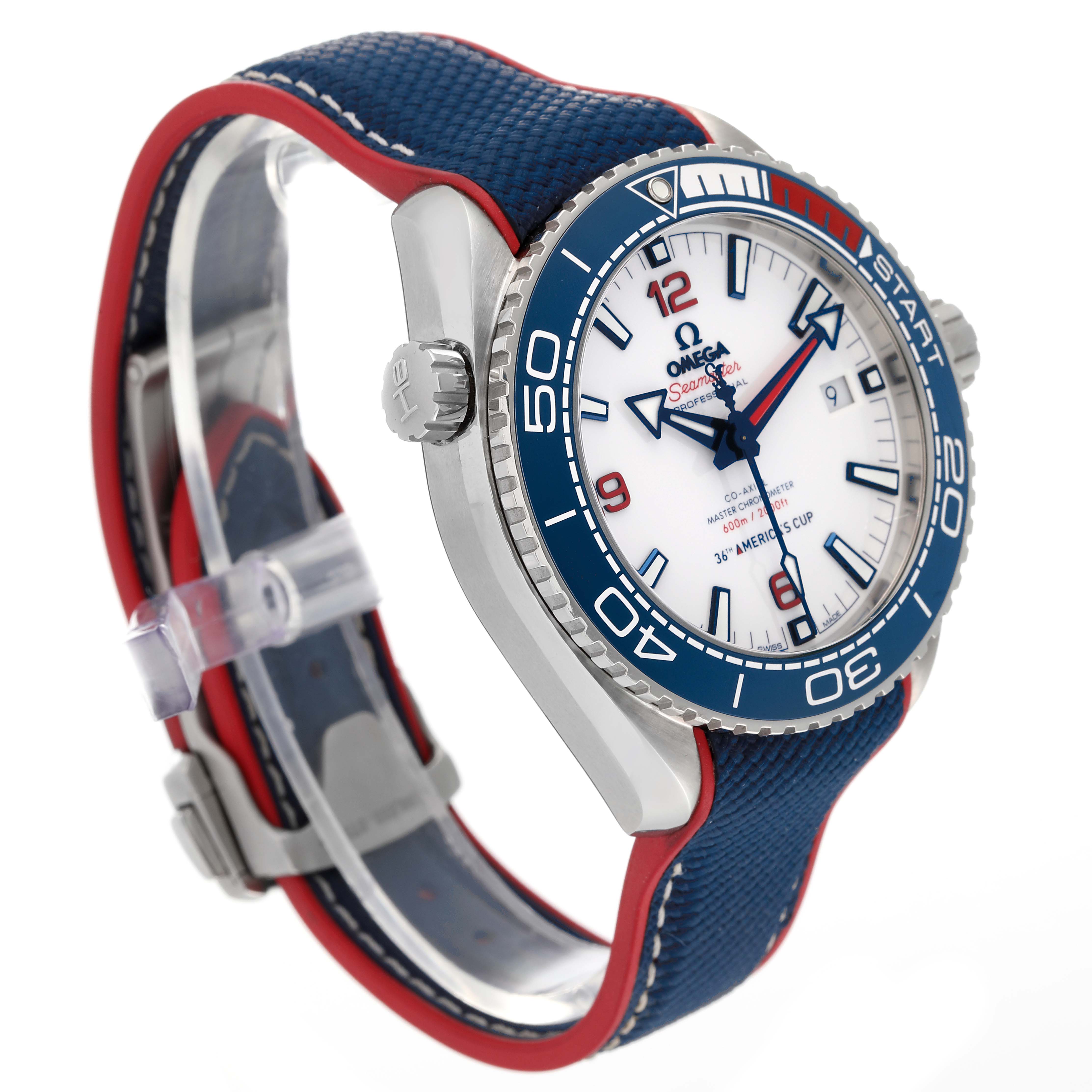 The image shows a side angle of the Omega Planet Ocean 215.32.43.21.04.001 Men's Stainless Steel White Dial 215.32.43.21.04.001 Men's Stainless Steel White Dial watch, highlighting the bezel, crown, dial, and strap.