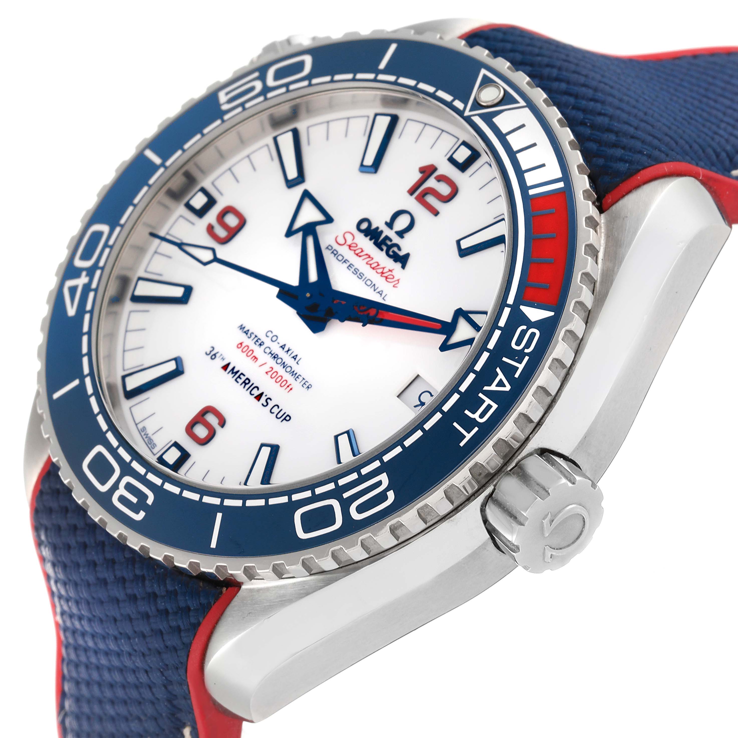 The image shows a close-up of the dial, bezel, and crown of an Omega Planet Ocean 215.32.43.21.04.001 Men's Stainless Steel White Dial 215.32.43.21.04.001 Men's Stainless Steel White Dial watch, viewed from an angled side perspective.