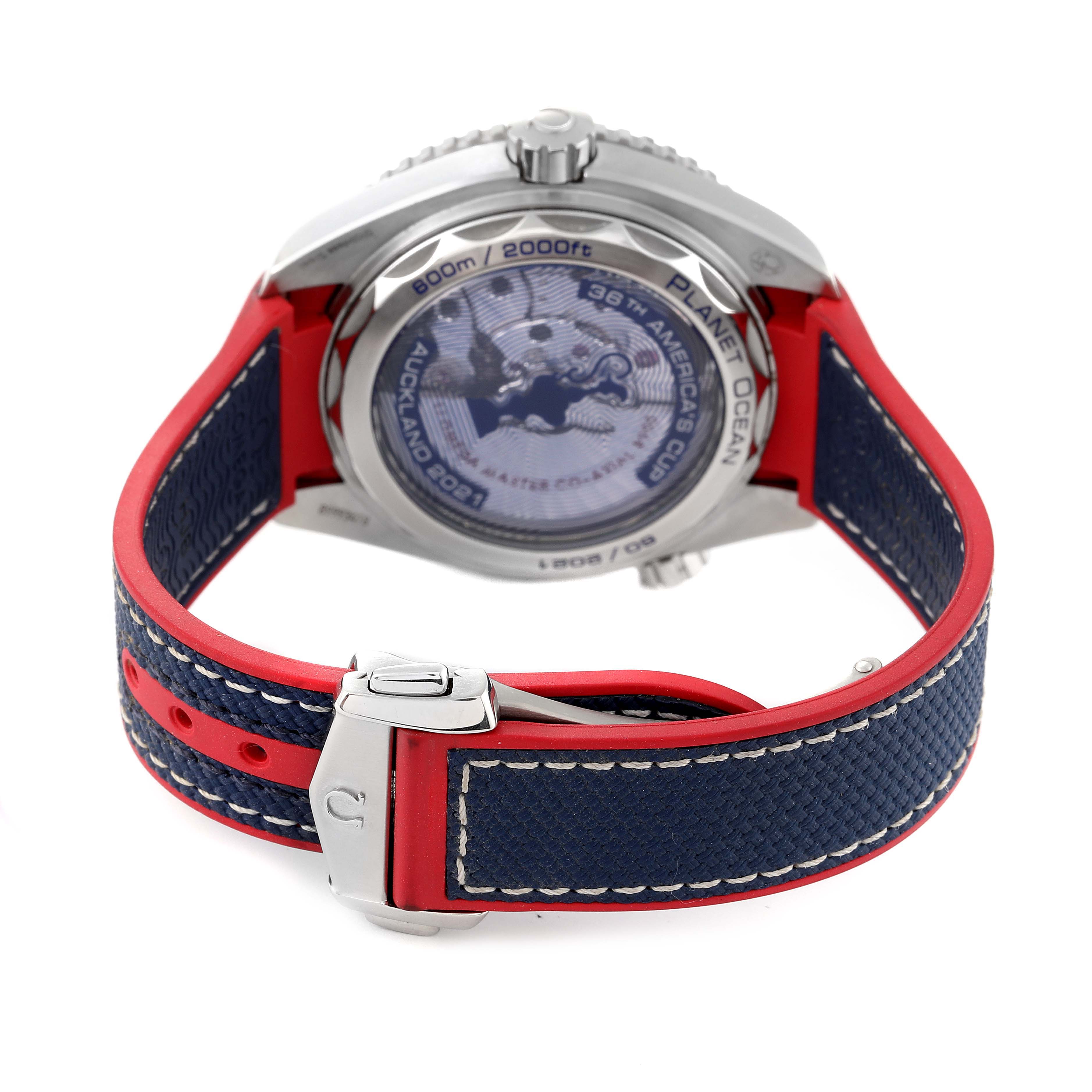 The image shows the back view of the Omega Planet Ocean 215.32.43.21.04.001 Men's Stainless Steel White Dial 215.32.43.21.04.001 Men's Stainless Steel White Dial watch, highlighting the strap and clasp.