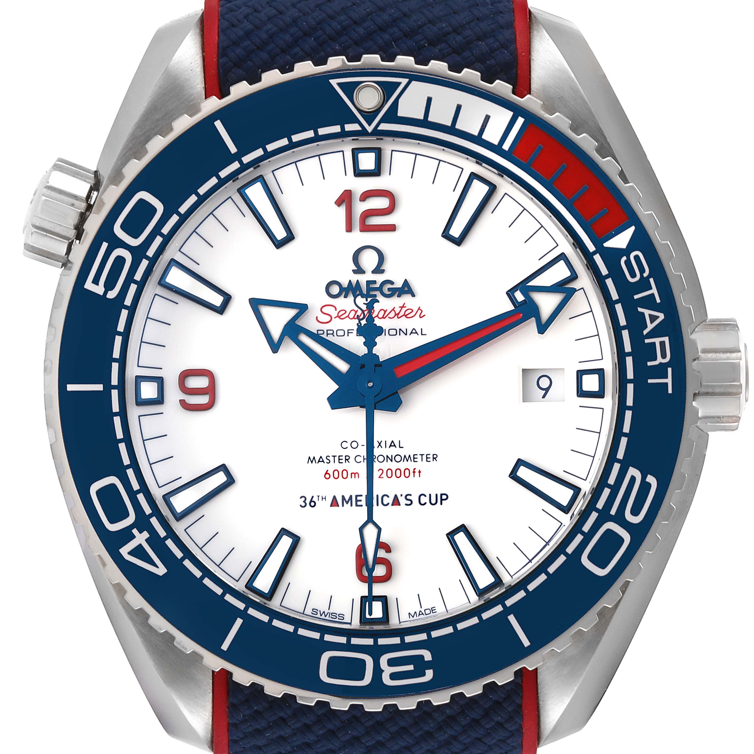 This image shows the front view of the Omega Seamaster Planet Ocean watch, highlighting its dial and bezel.