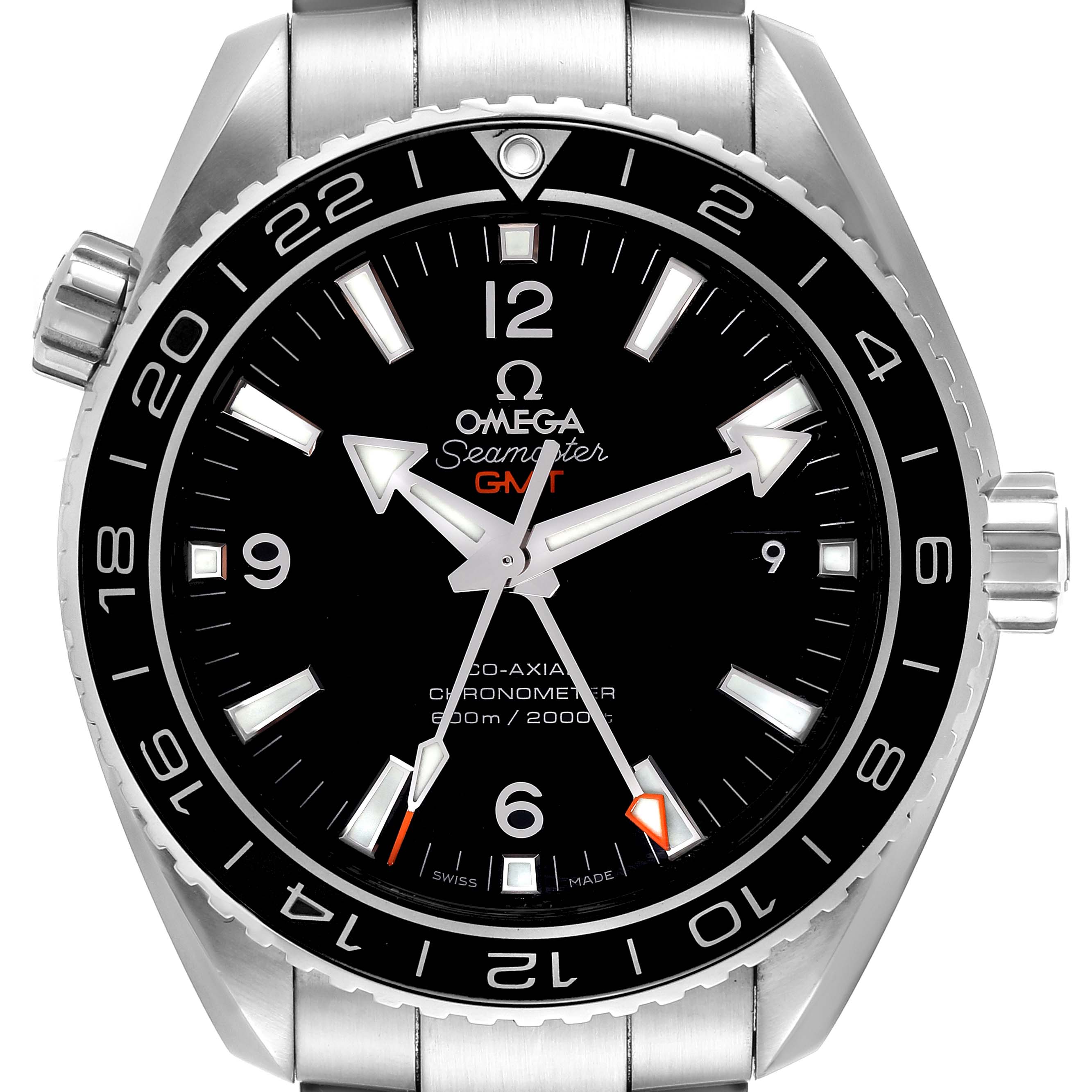 The image shows a front view of the Omega Planet Ocean 232.30.44.22.01.001 Men
s Stainless Steel Black Dial 232.30.44.22.01.001 Men
s Stainless Steel Black Dial Seamaster GMT watch with its face and bezel clearly visible.